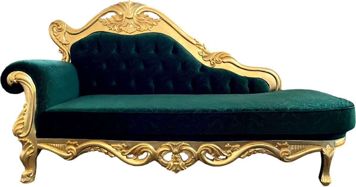 Casa Padrino Chaiselongue Luxus Barock Chaiselongue Grün / Gold - Handgefertigte Massivholz Recamiere mit edlem Samtstoff und elegantem Muster - Barock Möbel - Edel & Prunkvoll