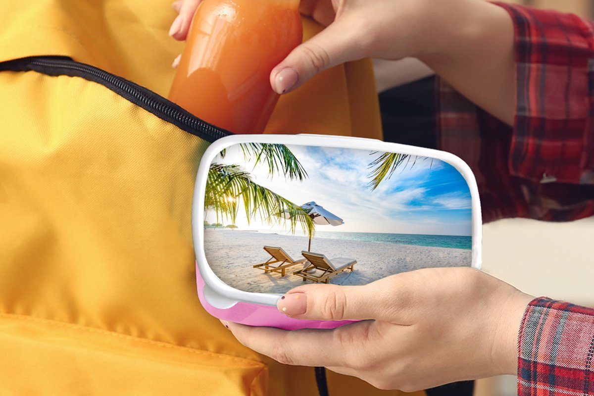 MuchoWow Lunchbox Strandkorb - Sonnenschirm Brotdose - Mädchen, rosa Snackbox, Kunststoff Erwachsene, (2-tlg), für Brotbox Kinder, Sonnenuntergang, Kunststoff