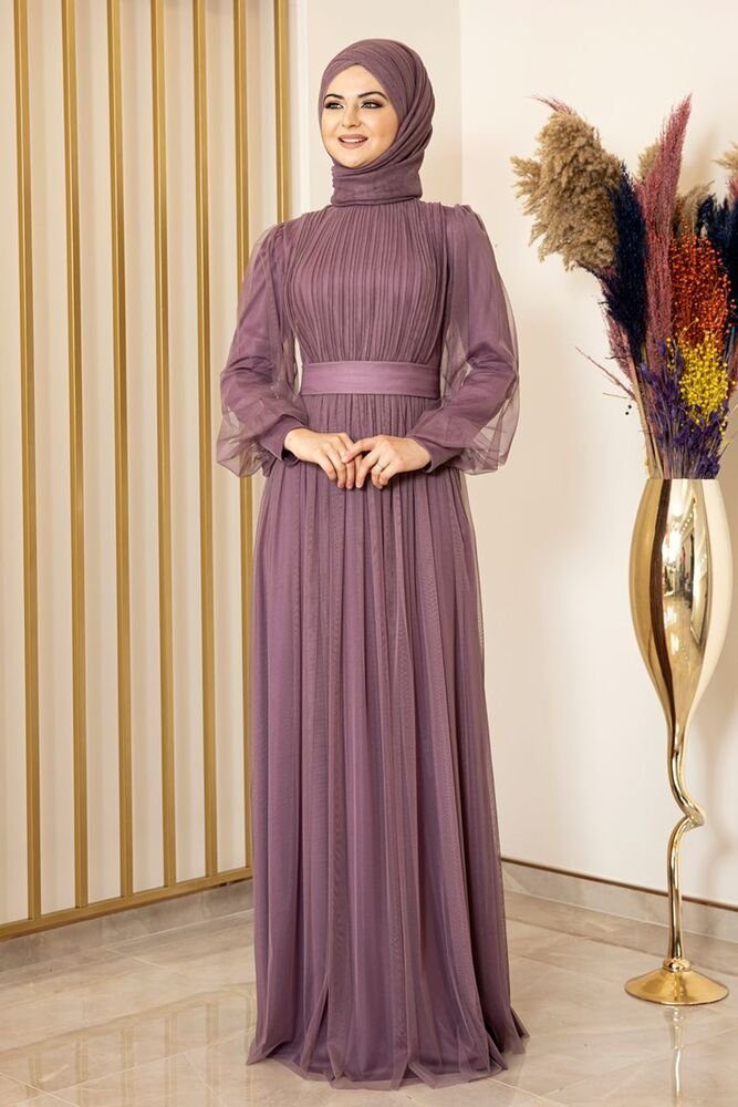 Modavitrini Abendkleid Tüllkleid Abiye Damenkleid Hijab Kleid Abaya Langärmliges Maxikleid Lila