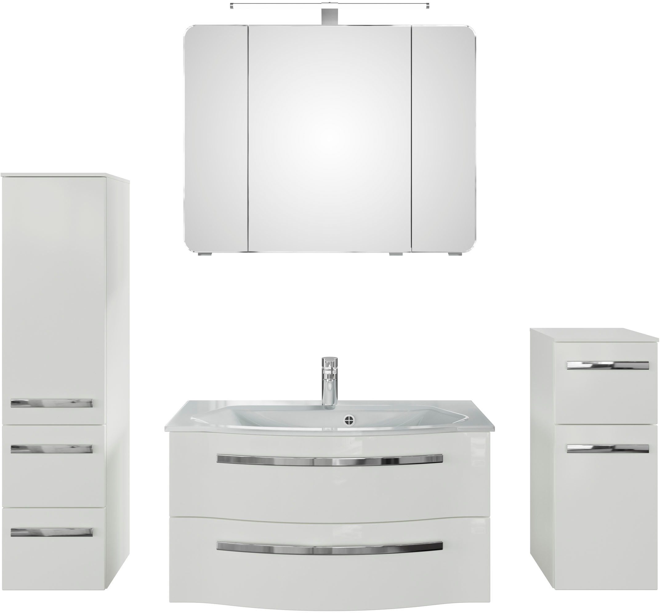 Saphir Badmöbel-Set Serie 4005, vormontiert, Glaswaschbecken, Spiegelschrank, (Set, 5-St), Badezimmer-Set mit Unterschrank, Midischrank, inkl. Türdämpfer