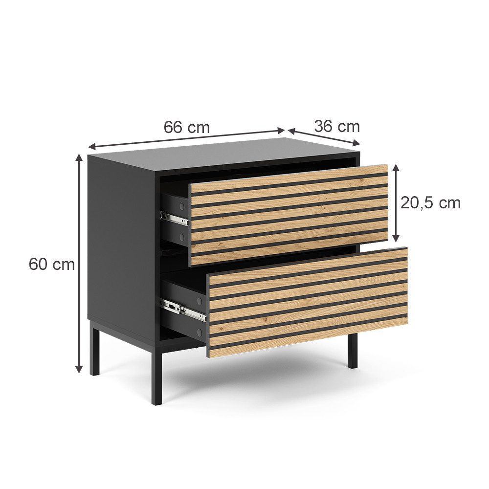 Vicco Nachtschrank Eliza, Schwarz/Eiche, 66 x 60 cm mit 2 Schubladen günstig online kaufen