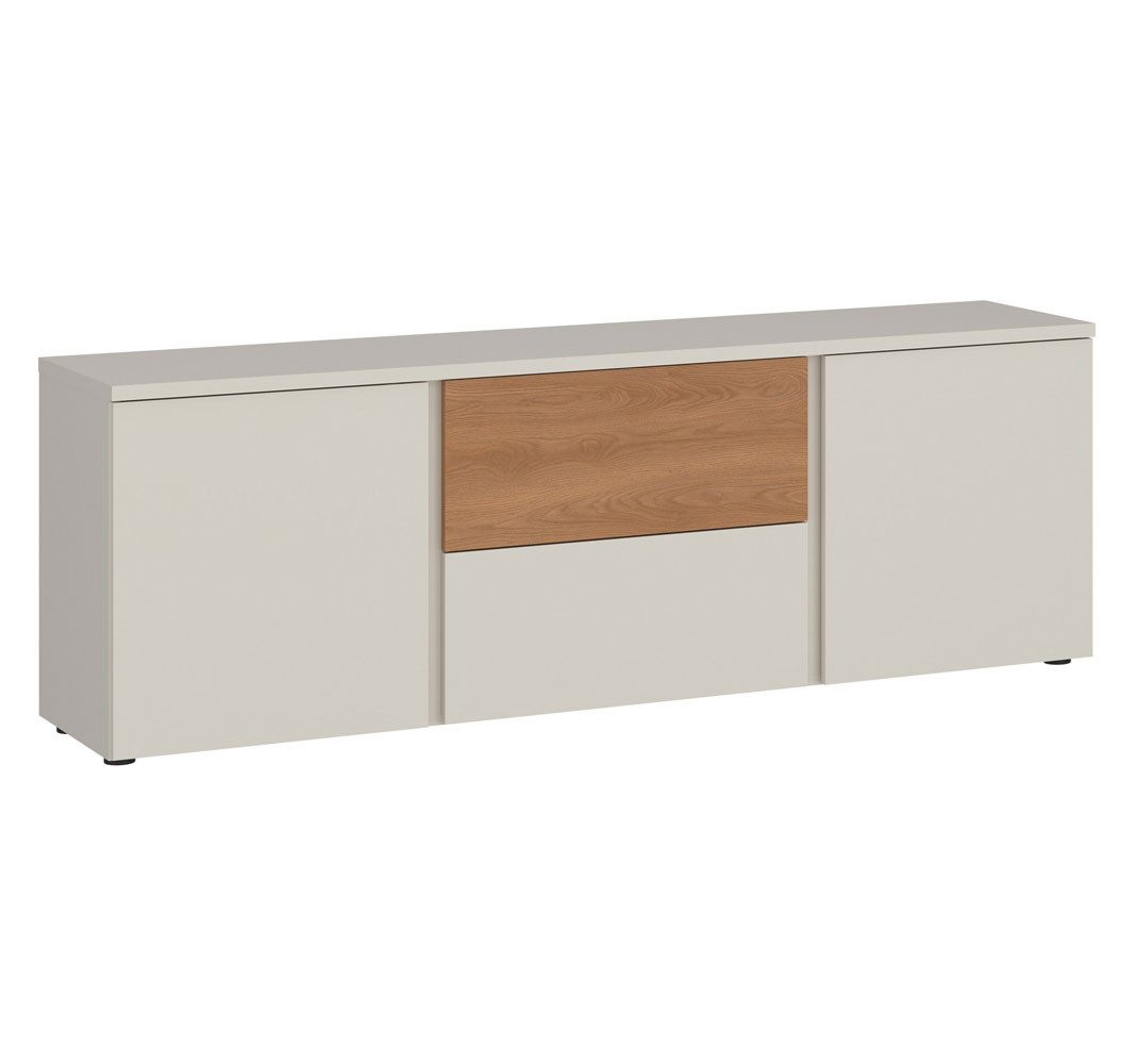 Feldmann-Wohnen Lowboard Hamm (2 Drehtüren, 2 Holzböden, 2 Schubladen, 1 St., moderne Optik, Grifflos, Füße in Schwarz), 161x40x56cm Kaschmir / Karamell Eiche