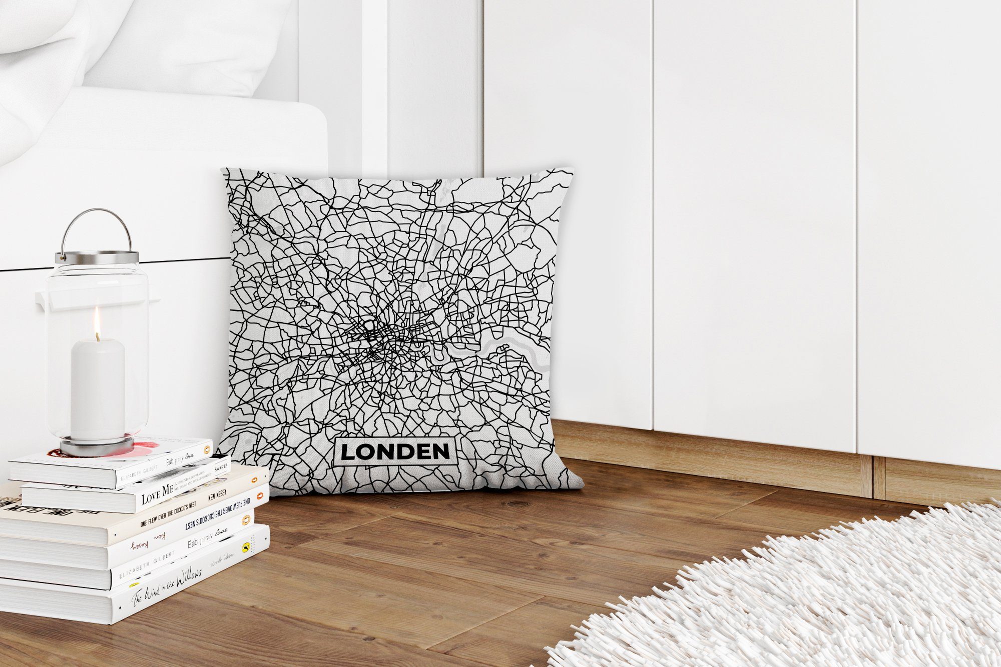 Wohzimmer, Deko, MuchoWow mit Schlafzimmer, Weiß Schwarz Zierkissen Füllung - - und Dekokissen London Sofakissen Karte, Stadtplan - für