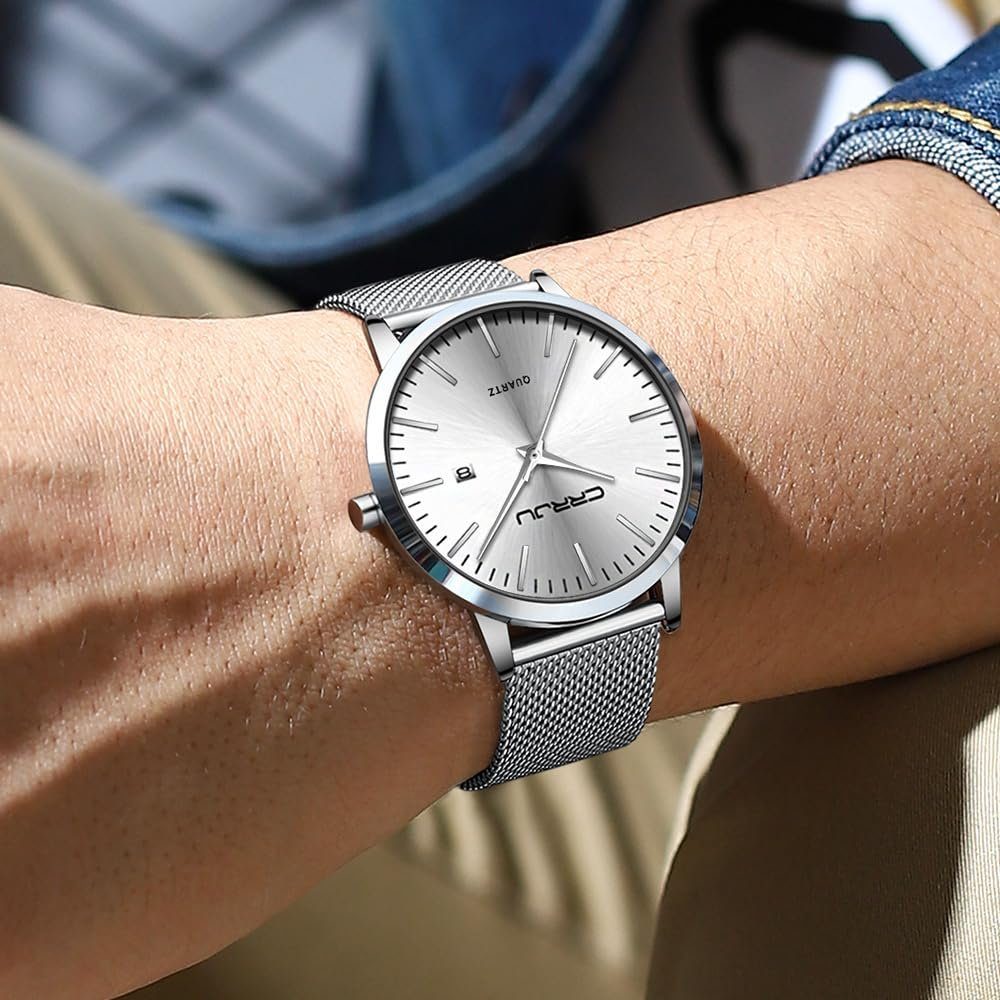 GelldG Uhr wasserdicht Datumsanzeige Armbanduhr Silber, Herren Mode Weiß Herrenuhr Ultra Dünne