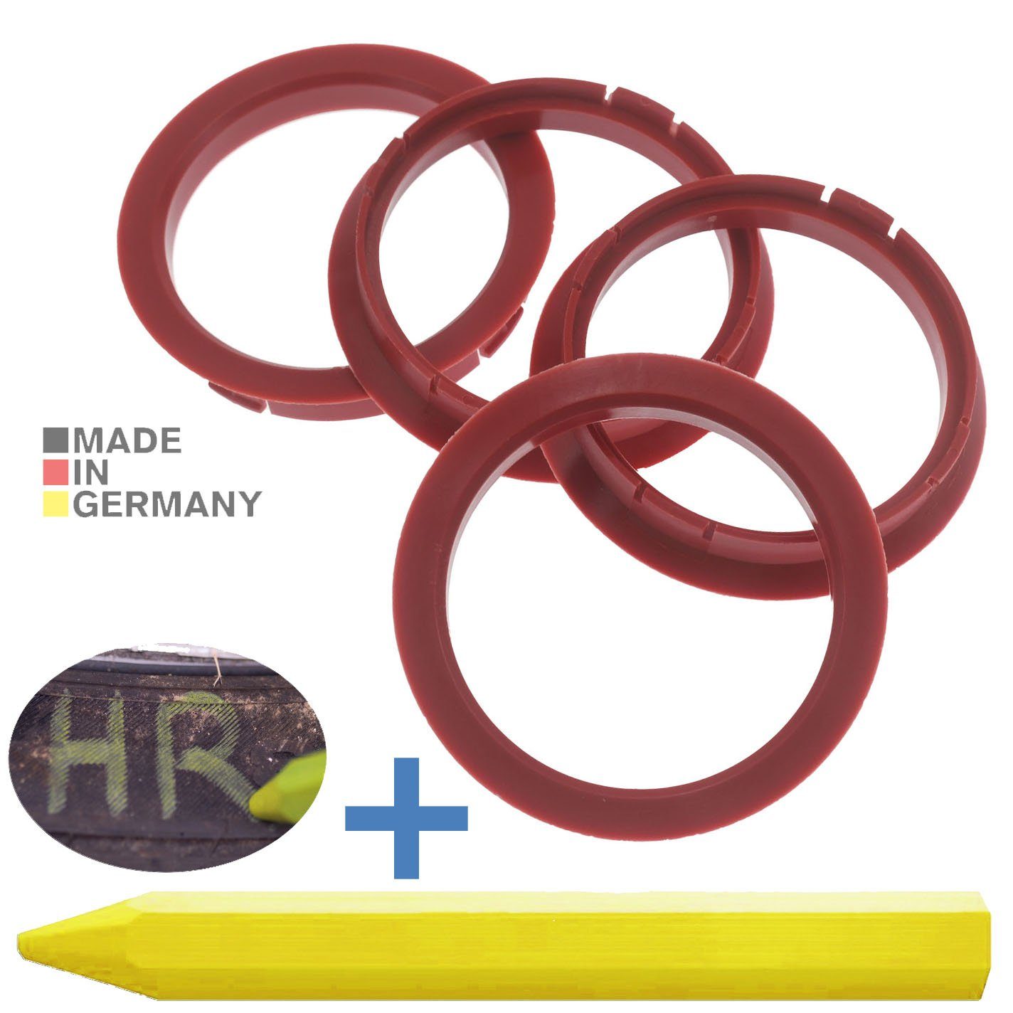 RKC Reifenstift 4X Zentrierringe Rot Felgen Ringe + 1x Reifen Kreide Fett Stift, Maße: 72,5 x 64,1 mm