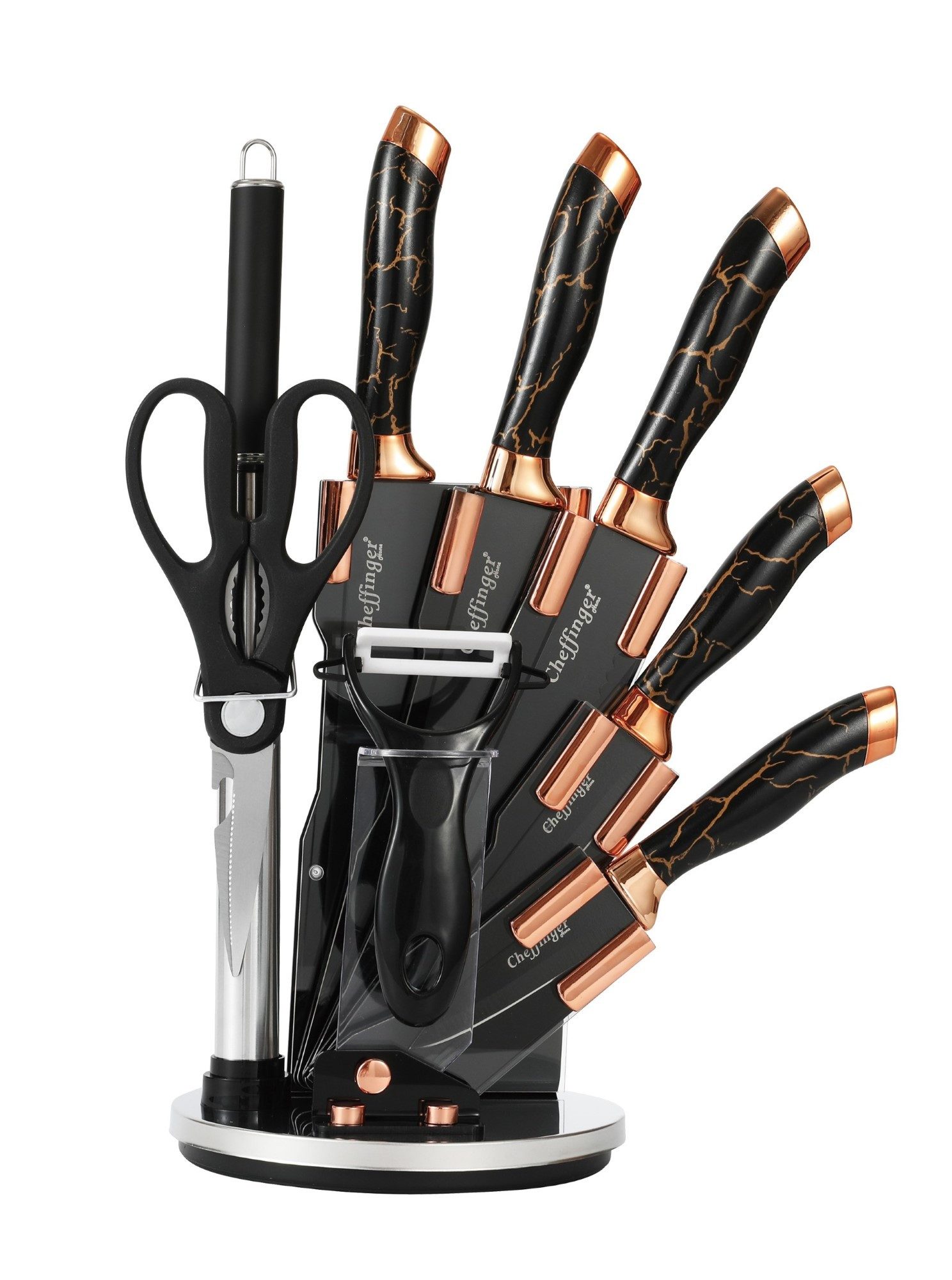 Cheffinger Ножи-Set 9 tlg. Ножиständer drehbar Ножиblock Marmor Gold (9-tlg)
