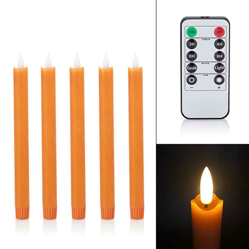 Online-Fuchs LED-Kerze 5er Set LED Stabkerzen mit Echtflamme Fernbedienung Farbe wählbar (Apricot, Silber oder Roségold, mit Silikonverschluss (konisch von 1,9 auf 2,1 cm verlaufend), Höhe ca. 24,5 cm, 6-Stunden-Timer, Helligkeit in 5 Stufen regulierbar