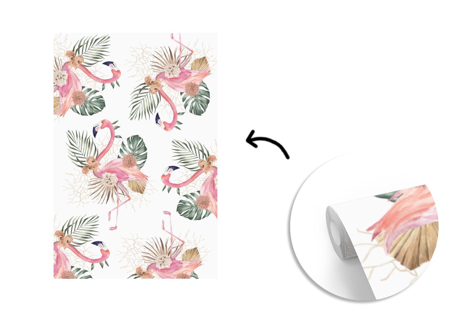 MuchoWow Fototapete Muster - Montagefertig bedruckt, für Flamingo, Matt, (3 St), Wandtapete Blumen Vinyl Tapete Wohnzimmer, 