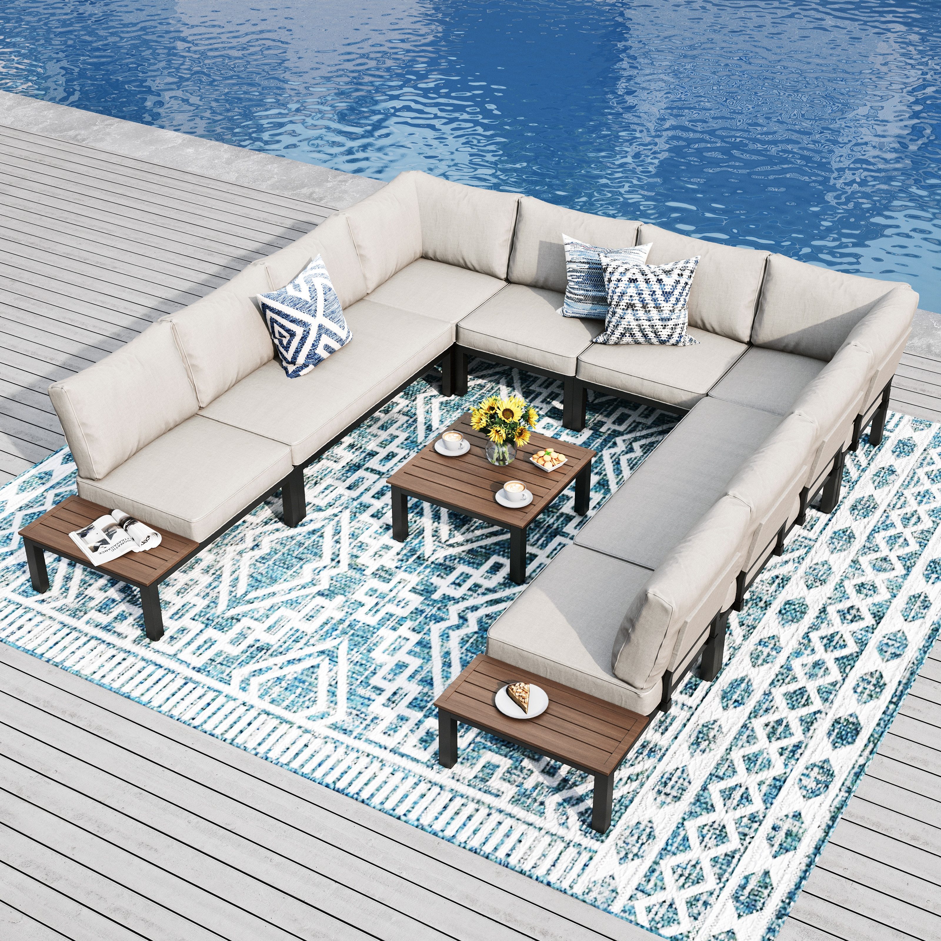 PHI VILLA Gartenlounge-Set, (Gartenmöbel Balkonmöbel mit Verstärkten Kissen und Kaffeetisch), Metall Lounge Möbel Outdoor Gartenlounge, Beige