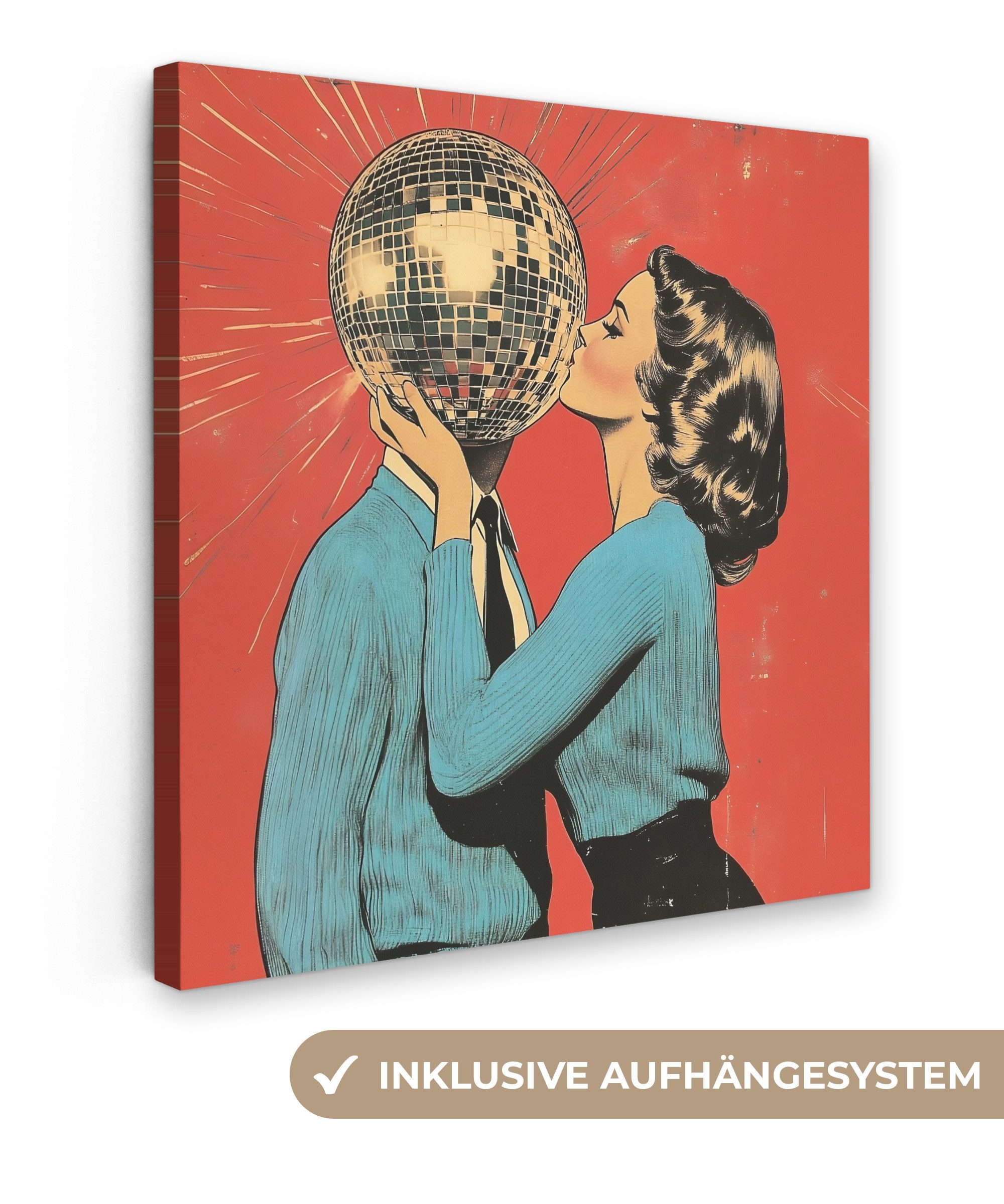 OneMillionCanvasses® Leinwandbild Frau - Retro - Discokugel - Kuss, Fotodruck (1 St), Wandbild, Deko Schlafzimmer Wohnzimmer Flur 20x20 cm