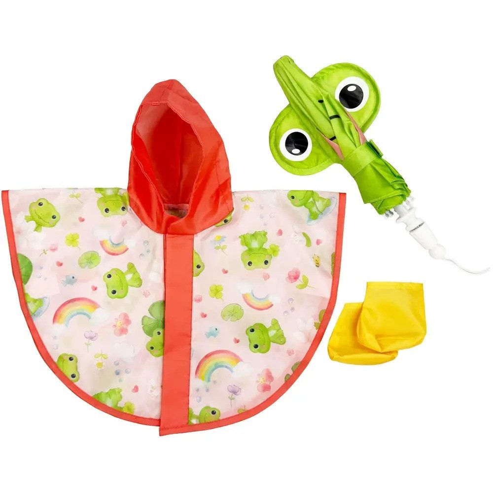 Heless Puppenkleidung Puppen-Regen-Set ''Froschi Carlo'' mit Regenschirm, Regencape und Stie