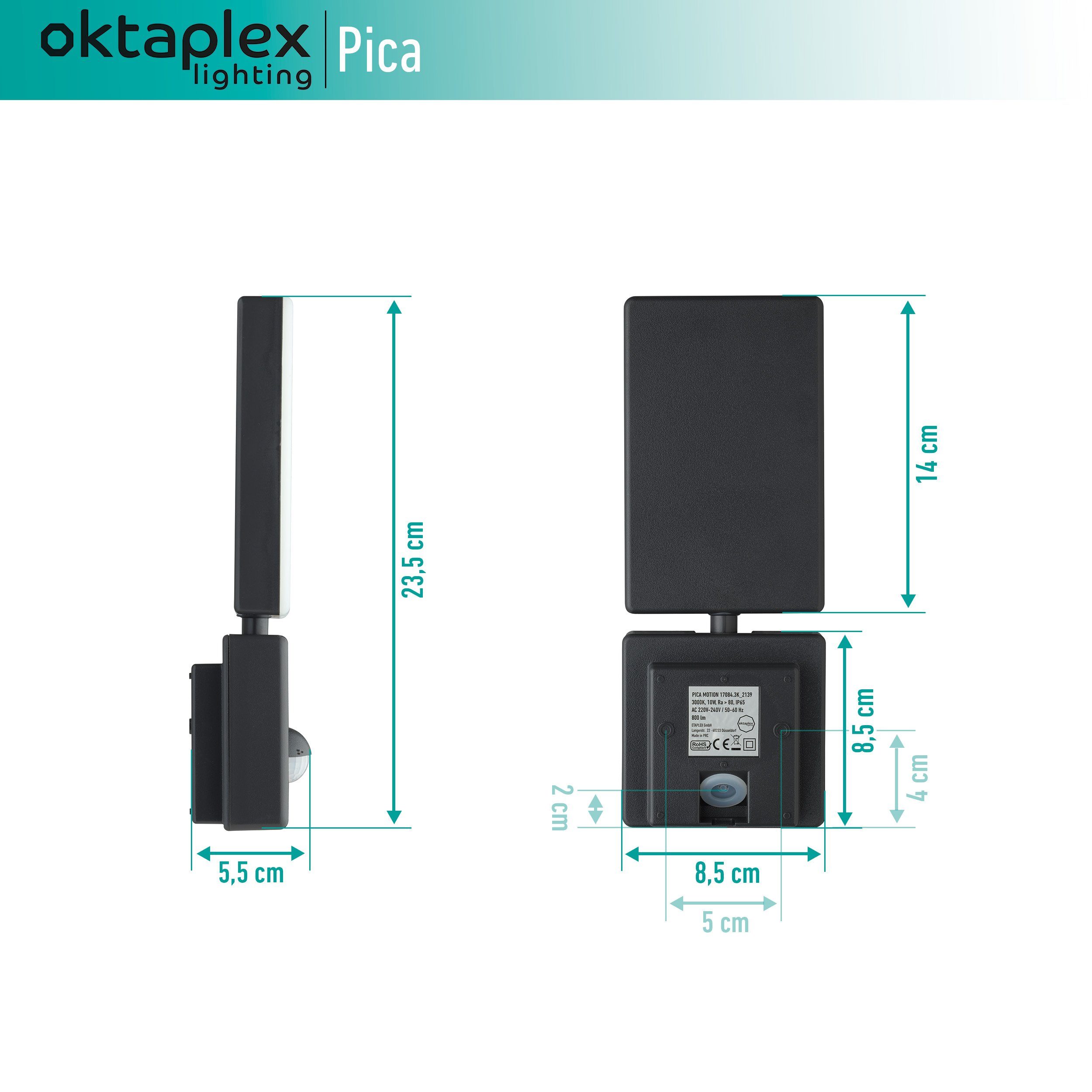 Oktaplex lighting LED Außen-Wandleuchte IP65 Außenlampe Warmweiß, integriert, flexible 10W Leuchte Bewegungsmelder, Pica, anthrazit 800lm fest LED