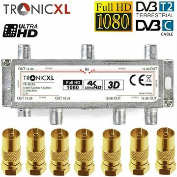 TronicXL SAT-Verteiler 6-fach Koax Antennenverteiler HD 3D 4K Verteiler Weiche Splitter TV, F-Buchsen + Koax Adapter