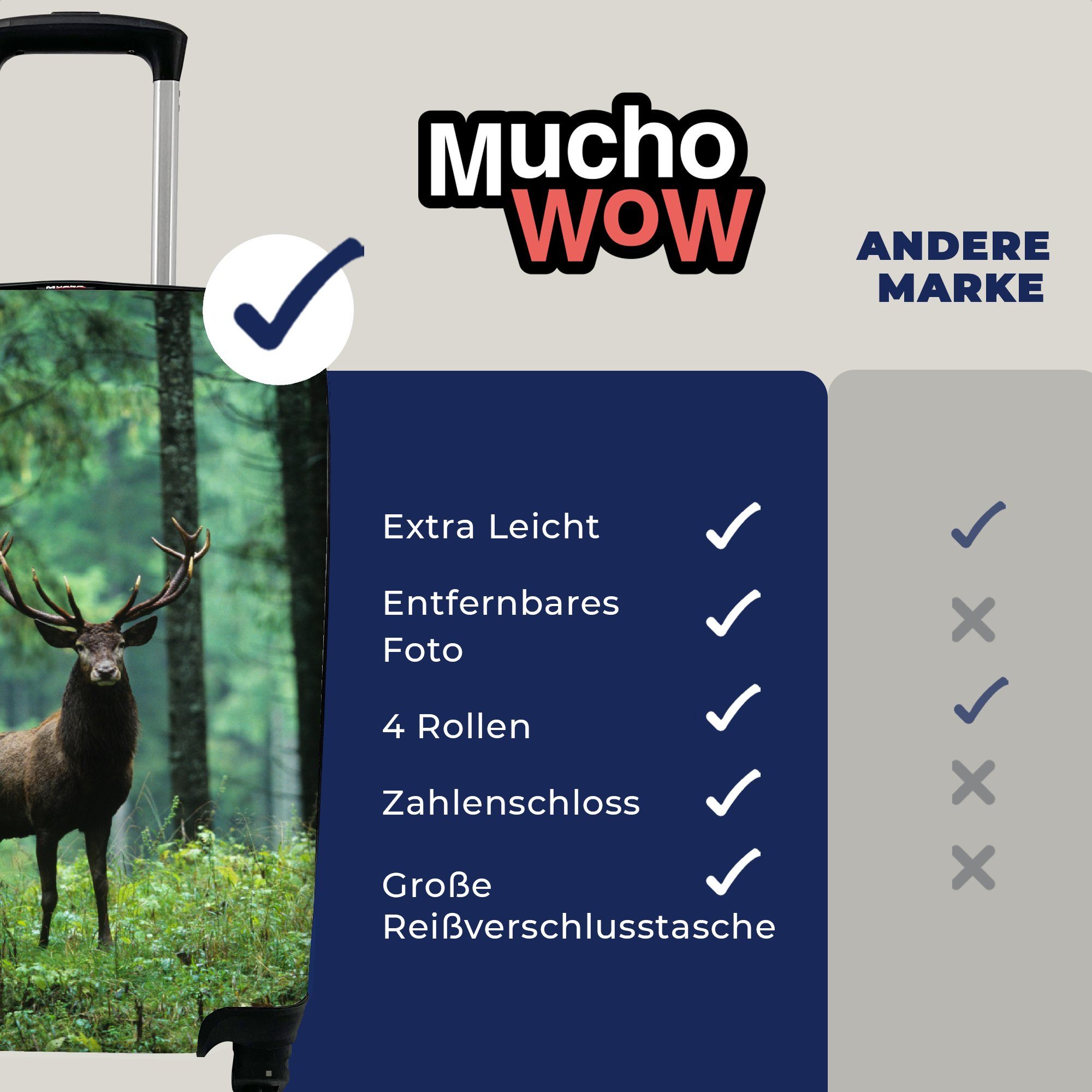 Reisetasche Natur, Wald - Bäume mit Rollen, Tiere - rollen, Ferien, für Hirsche Trolley, Handgepäck MuchoWow Reisekoffer Handgepäckkoffer - - 4