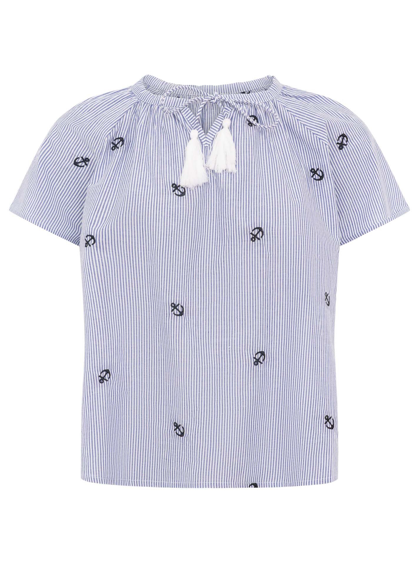 Zwillingsherz Kurzarmbluse "Stripe & Stitch" Kurzarm, mit Stickerei, Tunnelzug und Tasseln