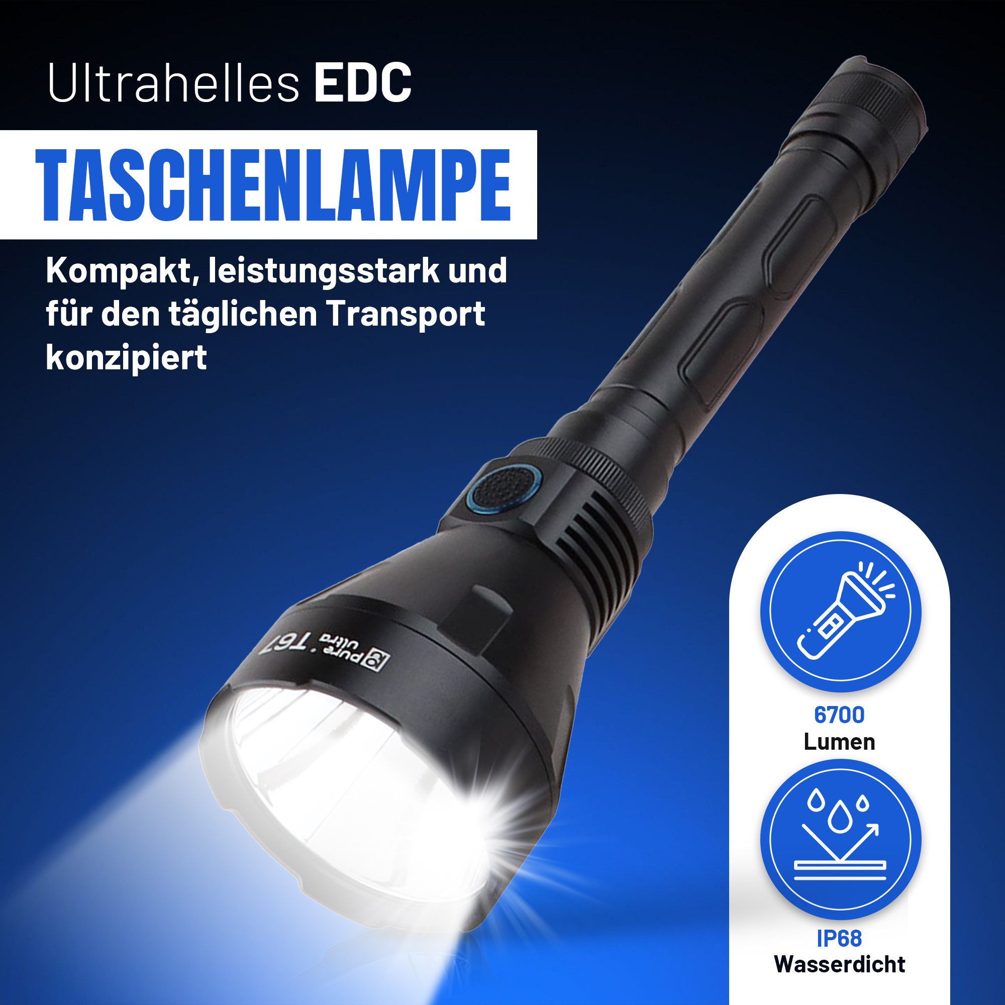 PureUltra LED Taschenlampe T67, 1400m Reichweite, 6700Lm, Search & Rescue, Farbfilter für Einsätze
