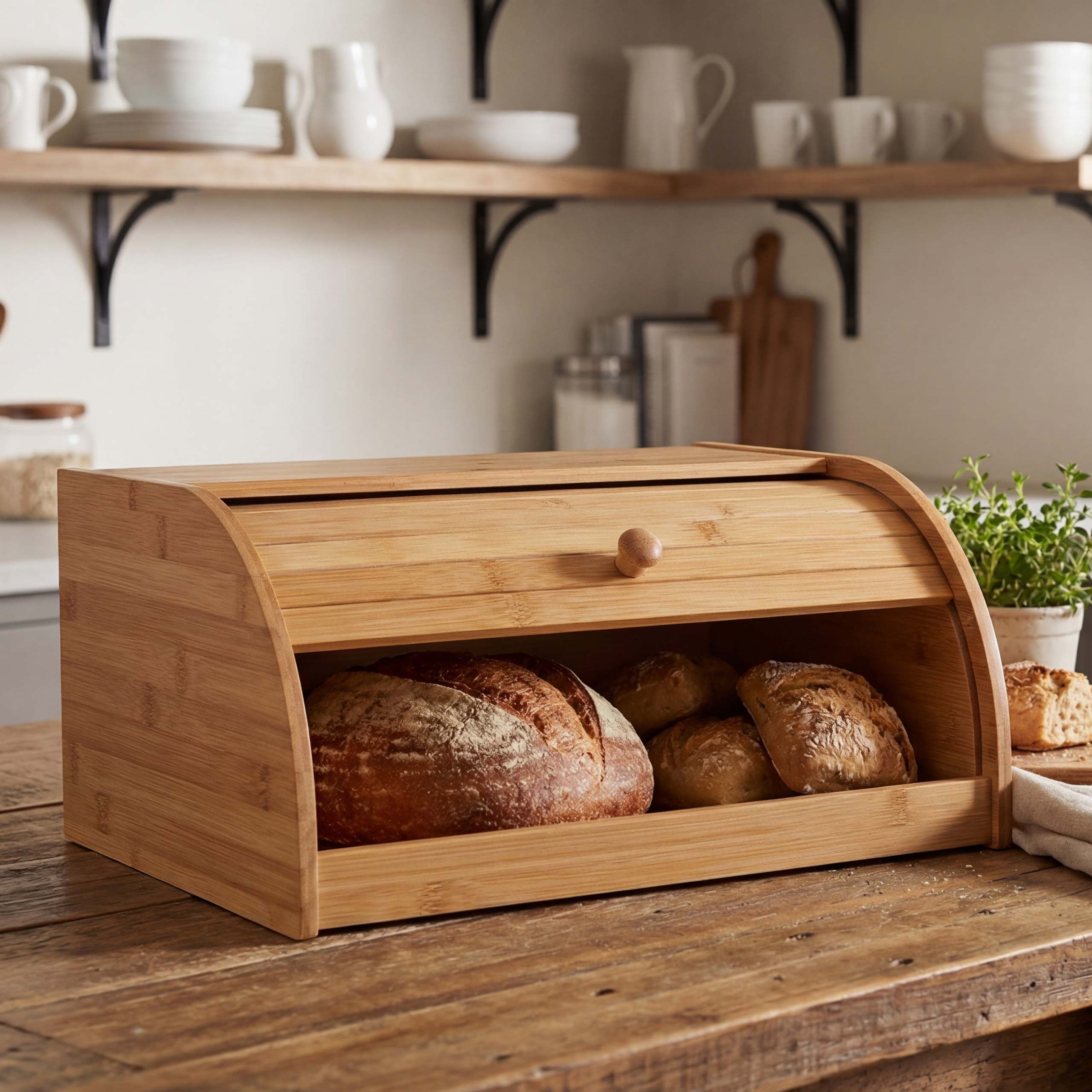 MCW Brotkasten MCW-B80, Bambus, Oberseite als Ablage nutzbar, Rolldeckel, Knauf zum leichten Öffnen