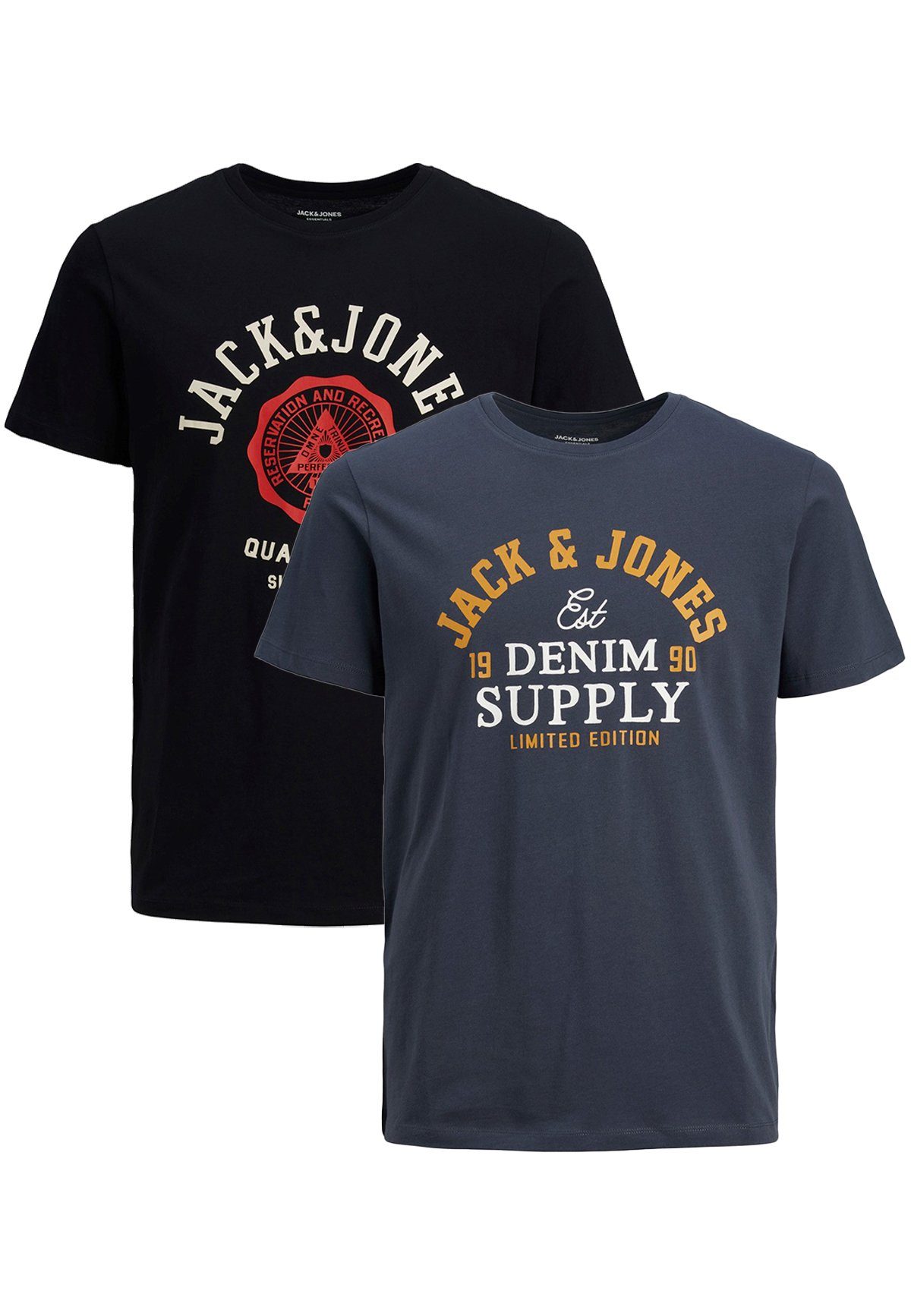 Jack & Jones T-Shirt 2-er Stück Pack Logo T-Shirts Rundhals Shirt JJELOGO (2-tlg) 4342 in Schwarz-Blau-Anthrazit