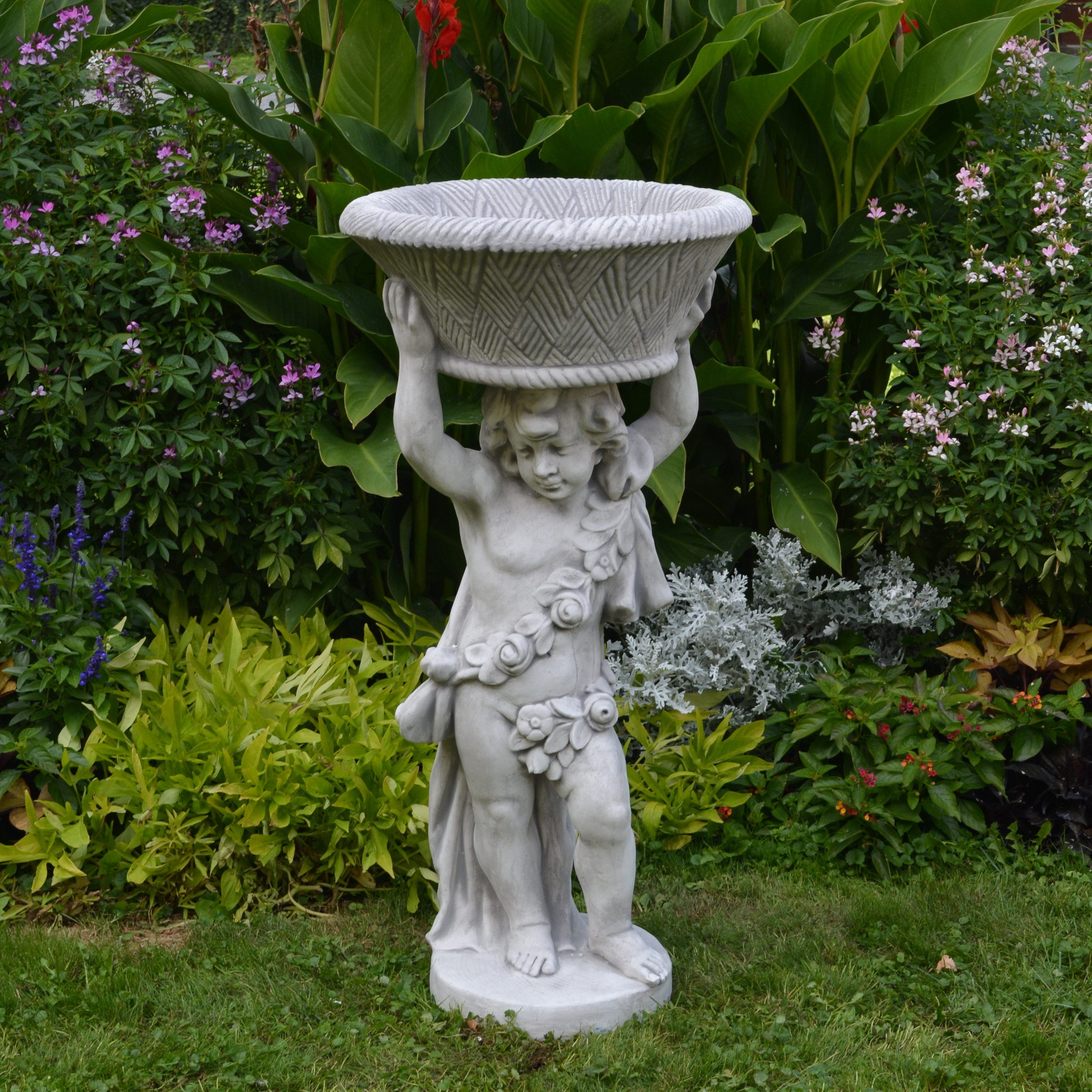 gartendekoparadies.de Pflanzschale Junge Steinfigur mit Pflanzgefäß 13 Liter 107 cm 97 kg, Frostsicher