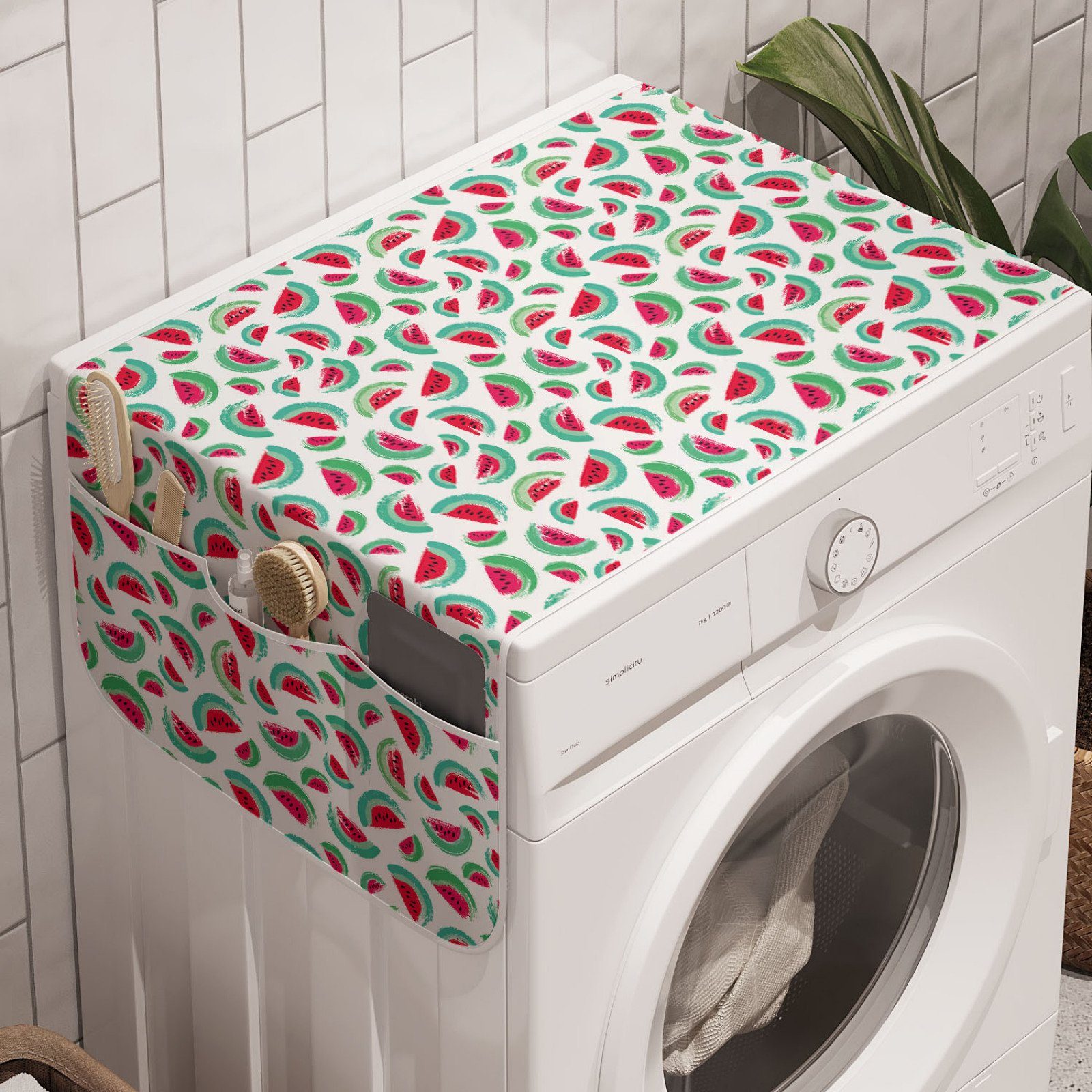 Abakuhaus Badorganizer Anti-Rutsch-Stoffabdeckung für Waschmaschine und Trockner, Wassermelone Brush Stroke Scheiben Kunst