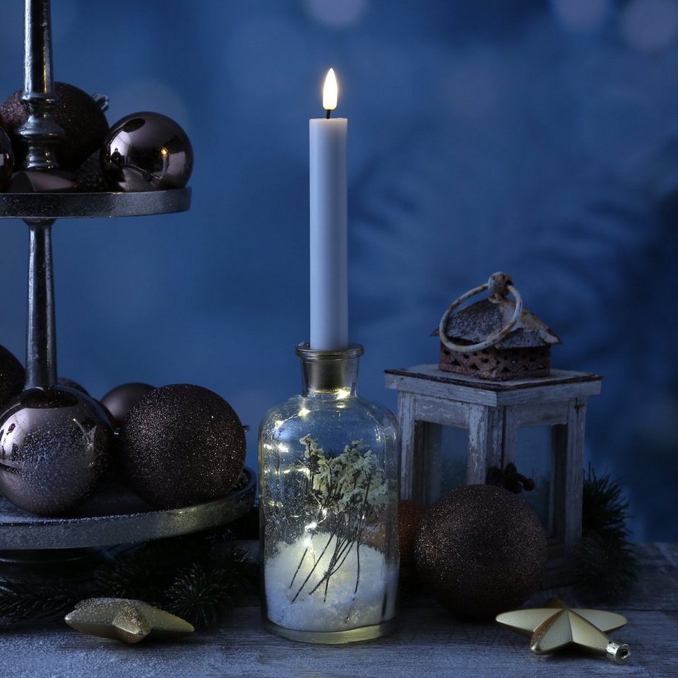 MARELIDA Kerzenhalter LED Dekoglas Trockenblumen Stabkerzenhalter  Kunstschnee Leuchtglas (1 St), Wunderschöner Stabkerzenhalter