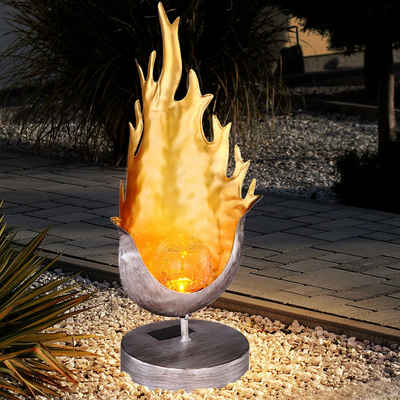 etc-shop Gartenleuchte, LED-Leuchtmittel fest verbaut, LED Solar Tisch Steh Lampe Flammen Design Crackle Glas Kugel Leuchte