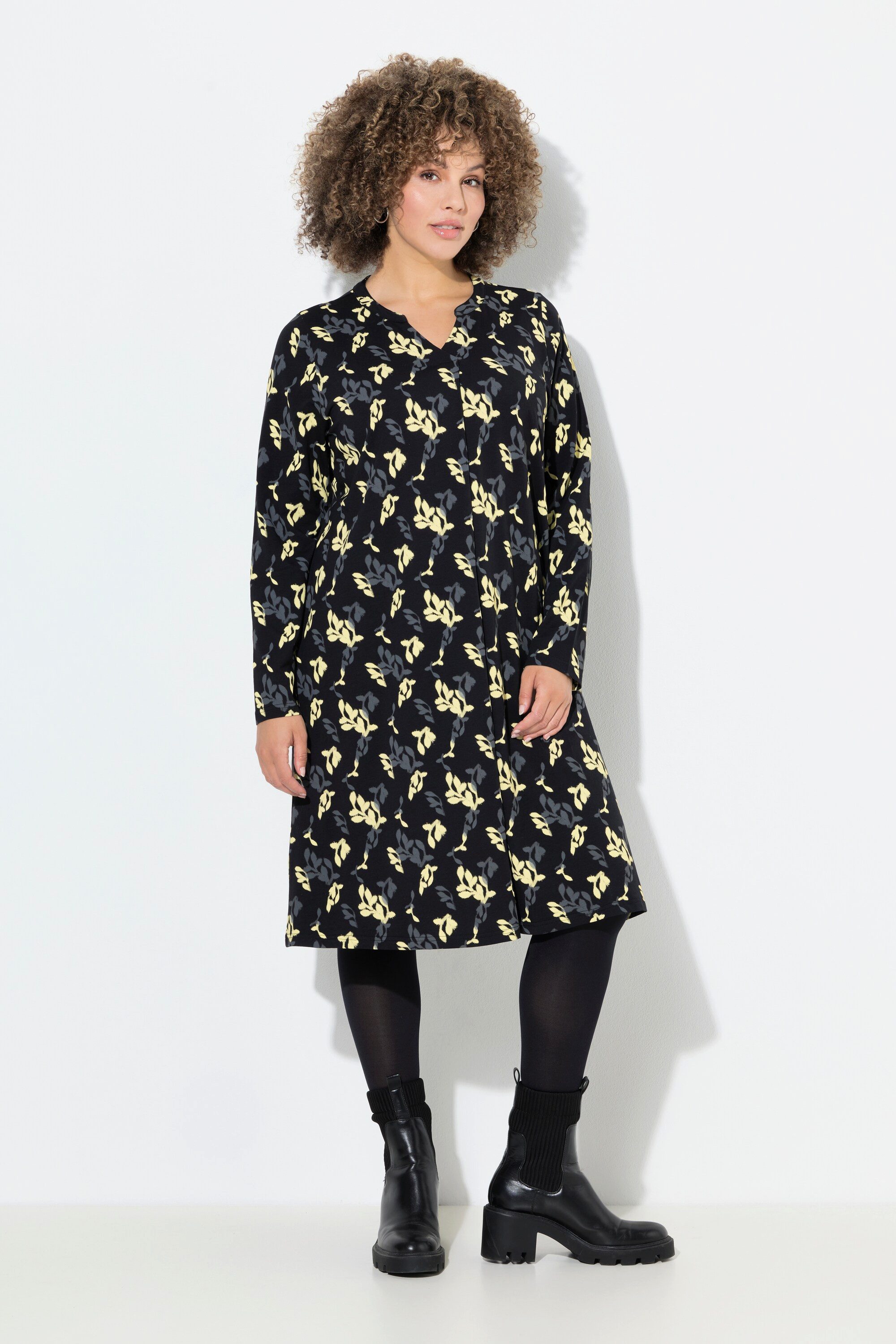 Midikleid Jerseykleid Blüten A-Linie Tunika-Ausschnitt