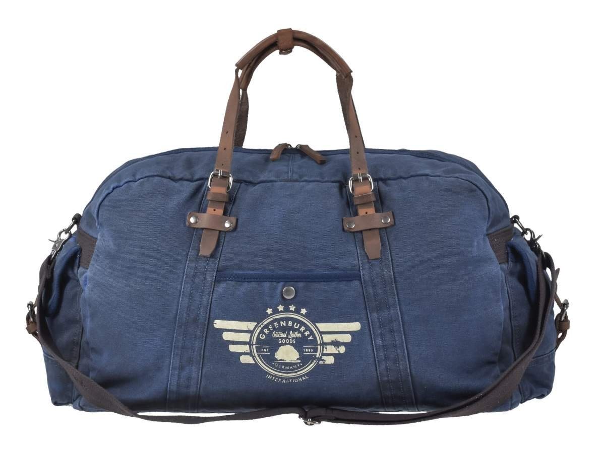 Greenburry Reisetasche Aviator Blue Edition, used Look Canvas mit Lederbesatz, Sporttasche 65cm, Weekender