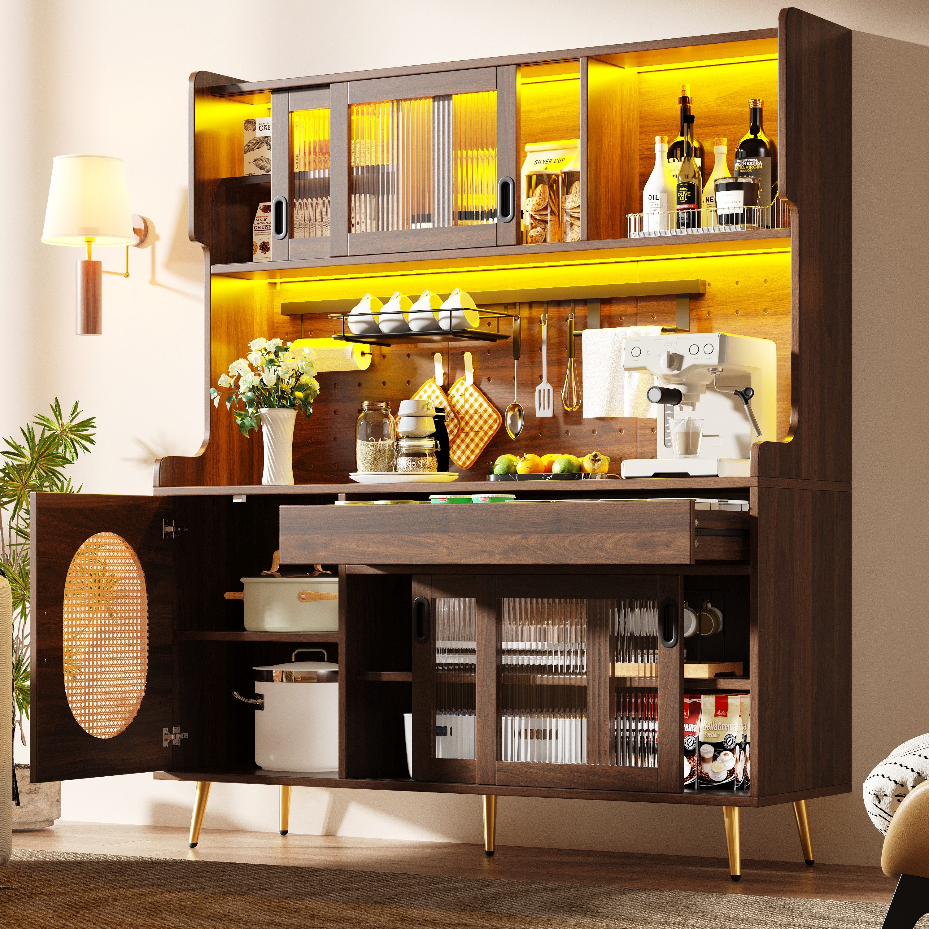 OKWISH Hochschrank Buffetschrank (Landhausstil, 5 Türen, mit LED-Lichtleiste, 1-St., 145x39x171cm)