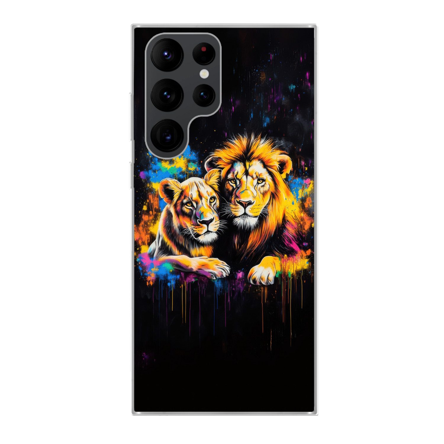 MuchoWow Handyhülle für Samsung Galaxy S22 Ultra Löwen - Malerei - Farben, Phone Case, Silikon, Schutzhülle Dünn