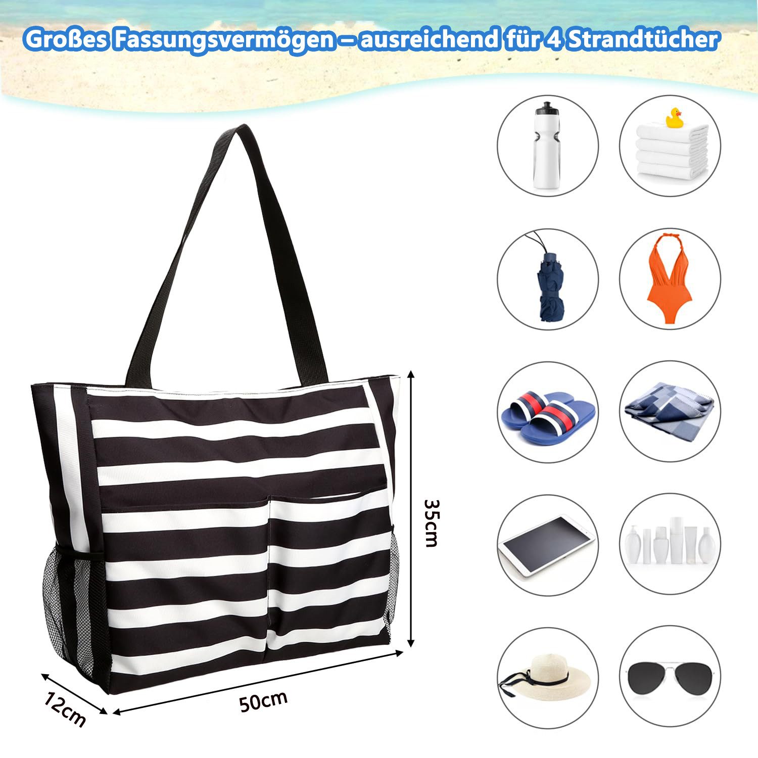 Zaewry Strandtasche Damen mit Reißverschluss, Große Strandtasche xxl Familie, Badetasche, Damen Wasserdicht, Beach Tote Bag für Reisen Pool