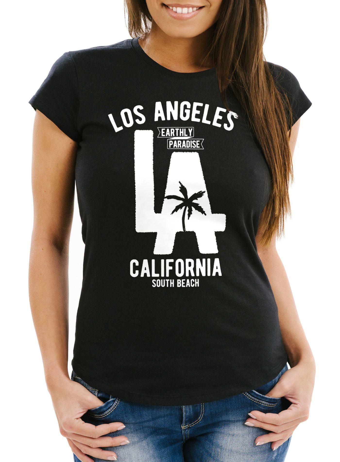Print-Shirt Damen T-Shirt Los Angeles California LA Palme Slim Fit