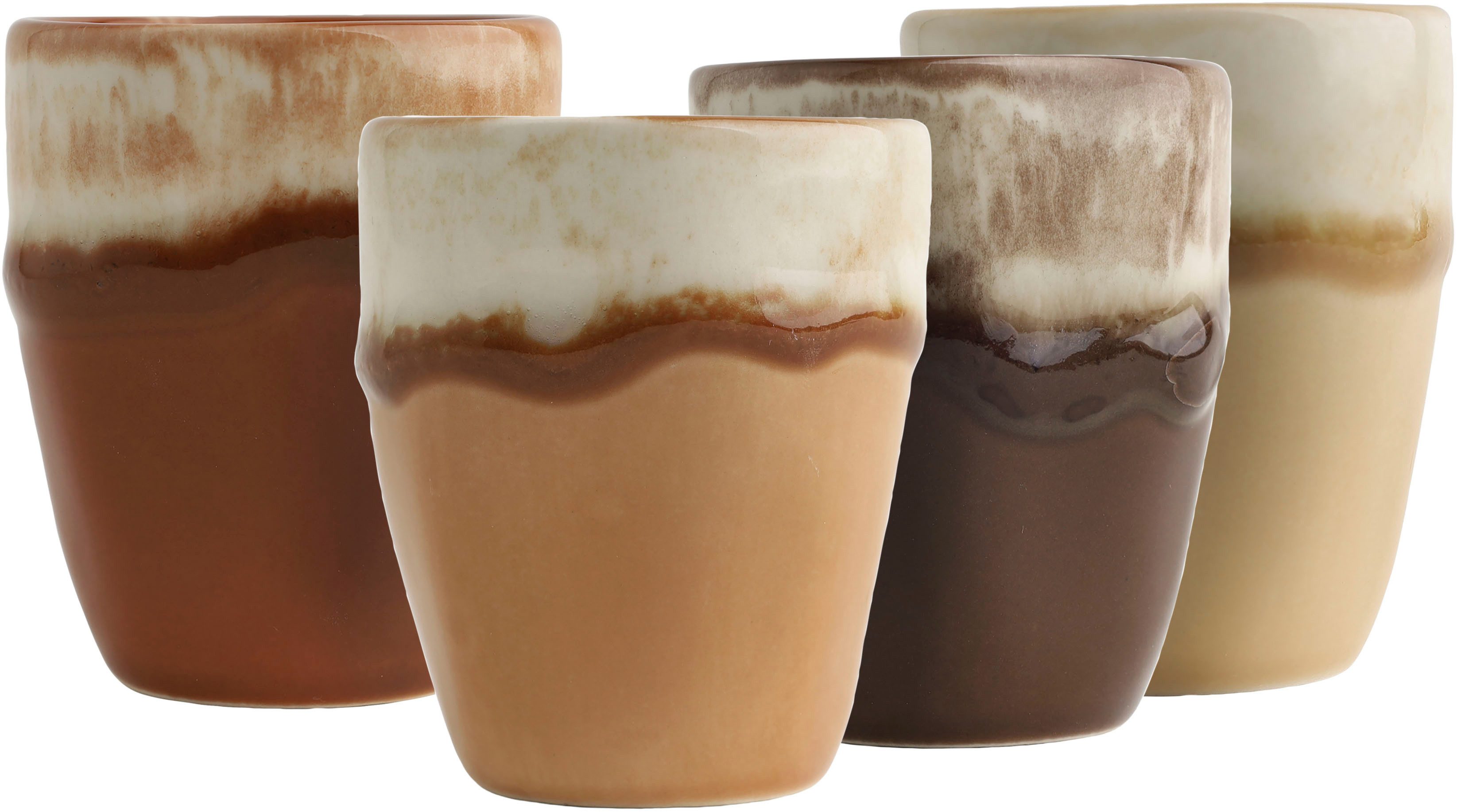 CreaTable Espressotasse Squeezy Mocha Mousse, Espressobecher 4-tlg, 4-tlg., Steinzeug, Einzigartige Optik, Reaktivglasur