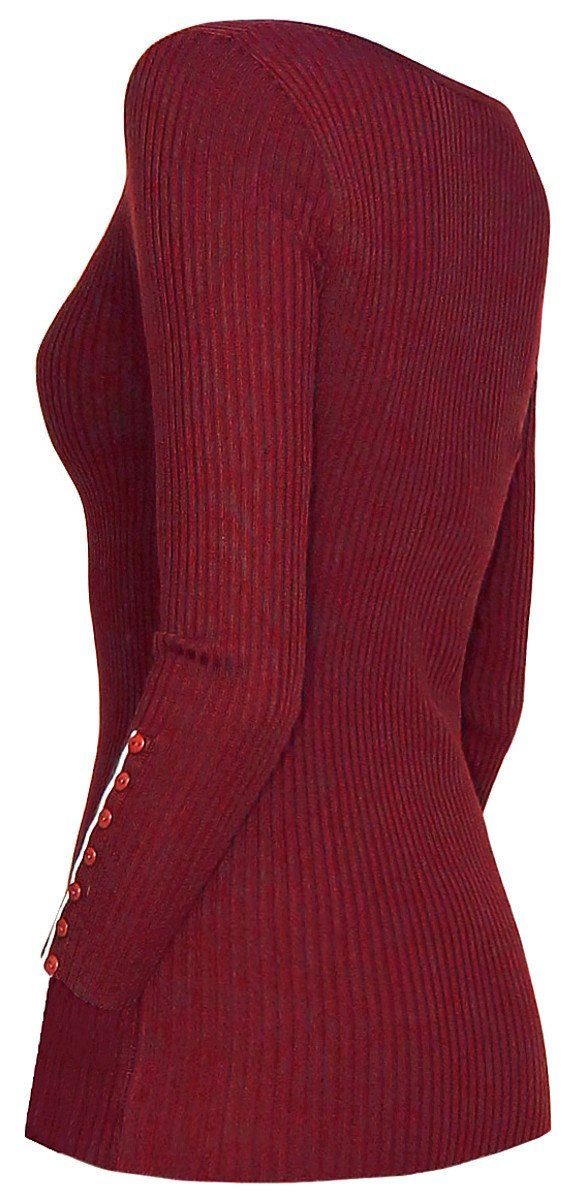 dy_mode V-Ausschnitt-Pullover Rippenstrick Enganliegend Unifarbe V-Ausschnitt Pulli Damen mit Pullover PUL001-Weinrot in
