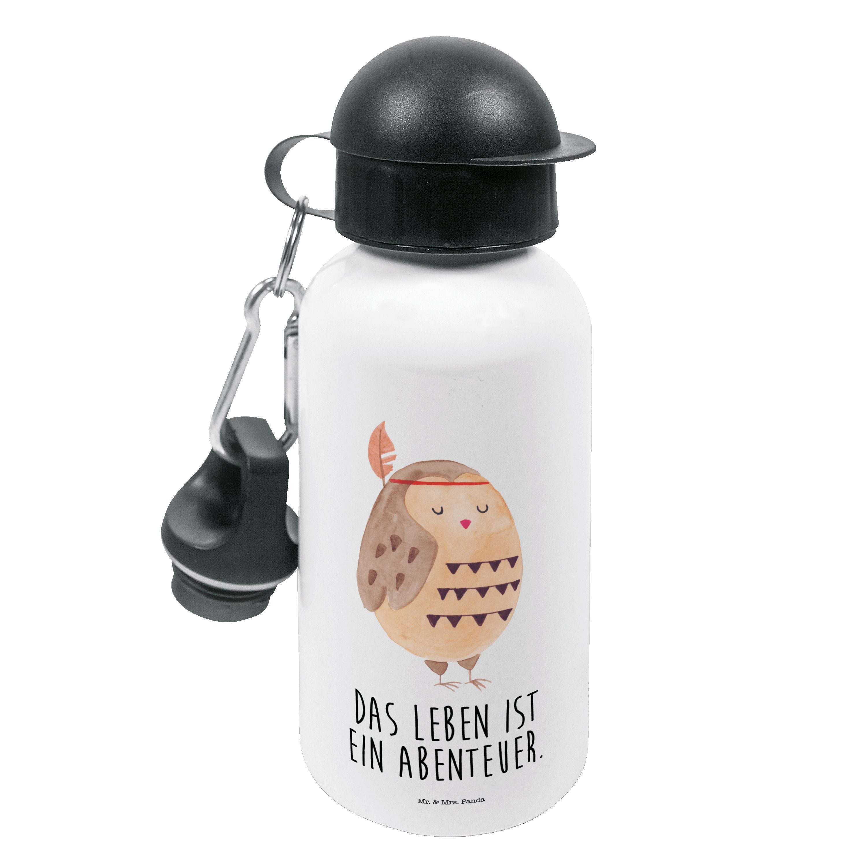 Mr. & Mrs. Panda Trinkflasche Eule Federschmuck - Weiß - Geschenk, Kindertrinkflasche, Kinderflasch