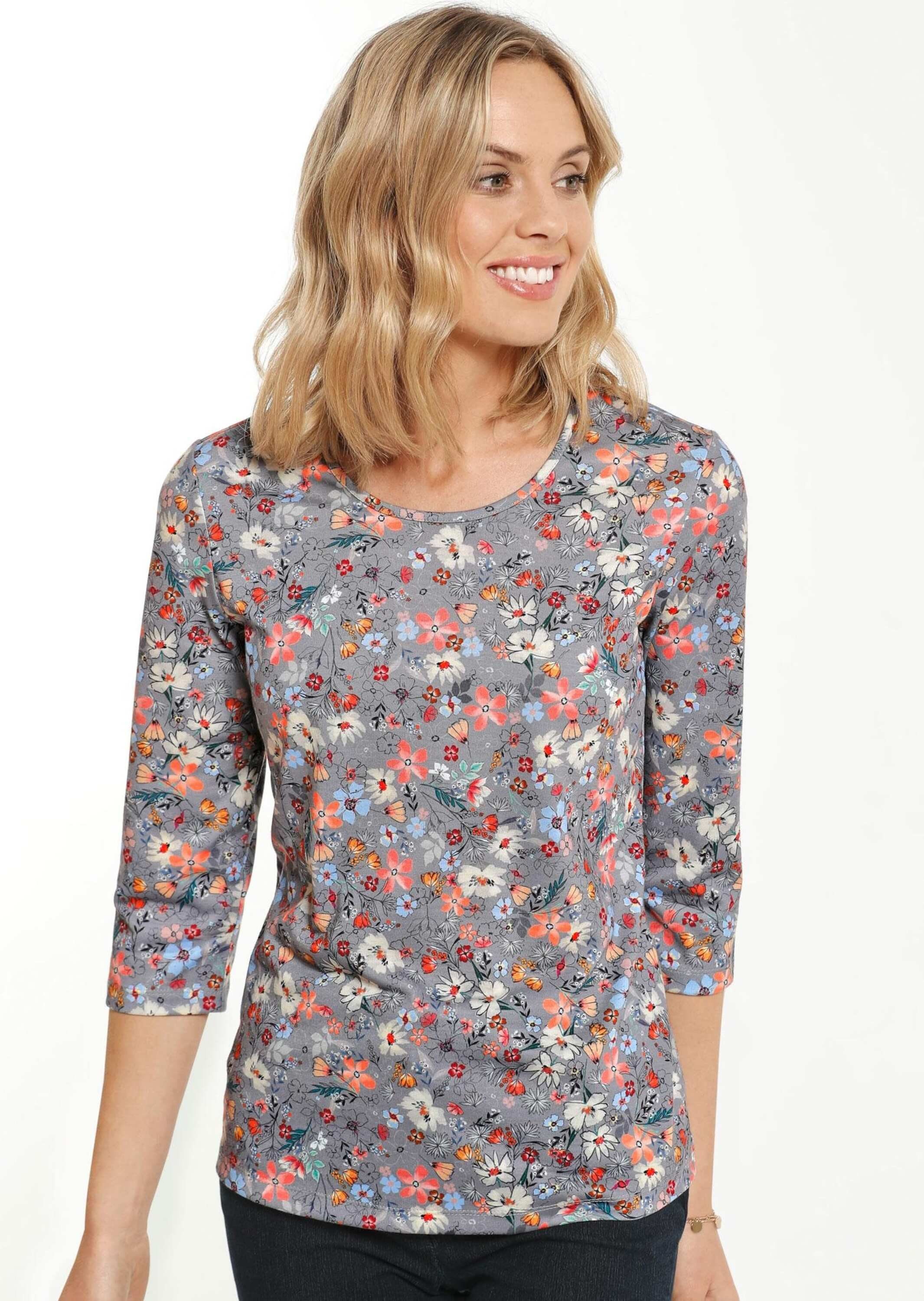 GOLDNER Print-Shirt Kurzgröße: Raffiniertes Druckshirt mit 3/4-Arm grau / bunt | Rundhalsshirts