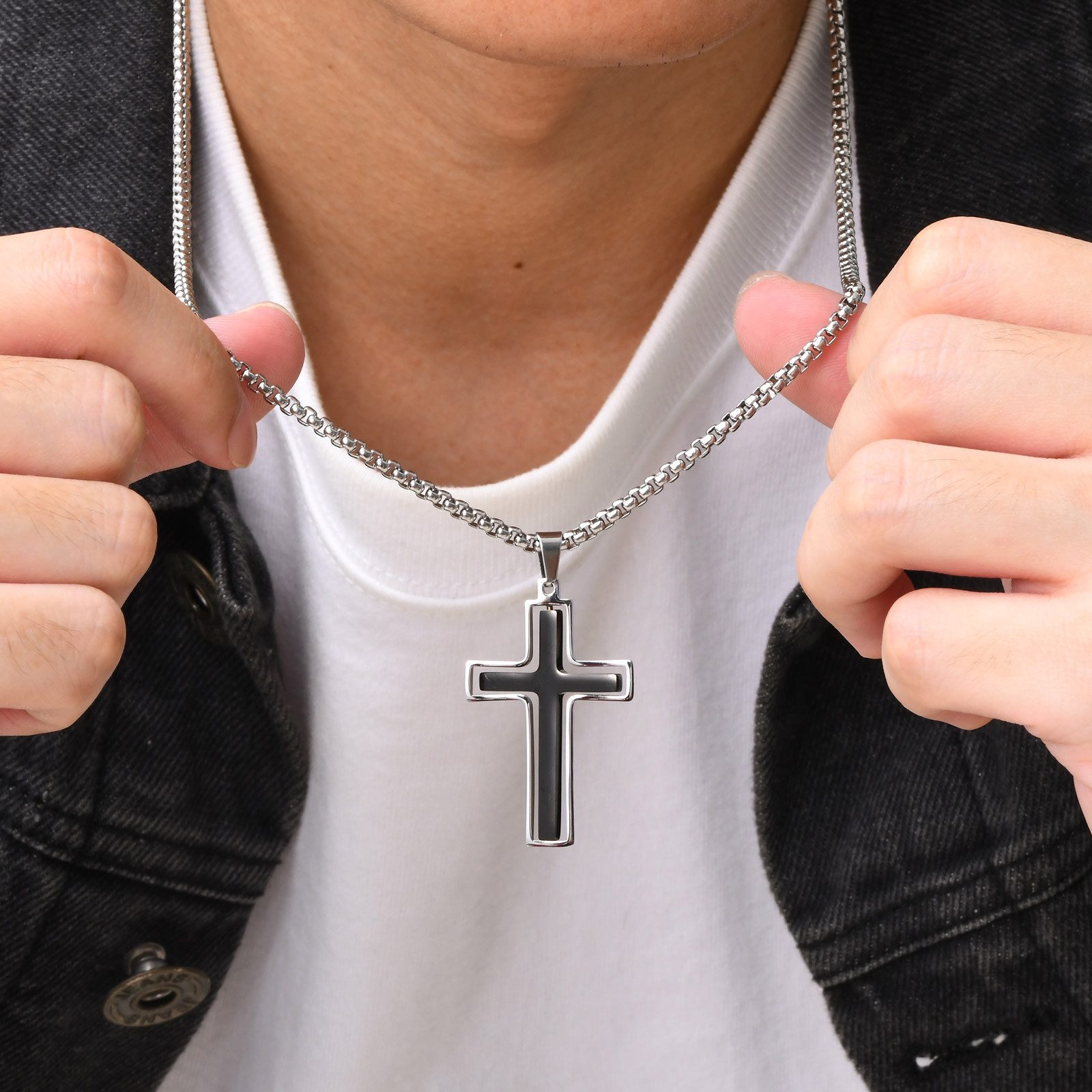 KARMA Kreuzkette Herrenkette Halskette mit Anhänger Edelstahl Kreuz Silber Schwarz (Kette mit Anhänger), Herrenschmuck Männerschmuck Geschenk für Ihn Kreukette