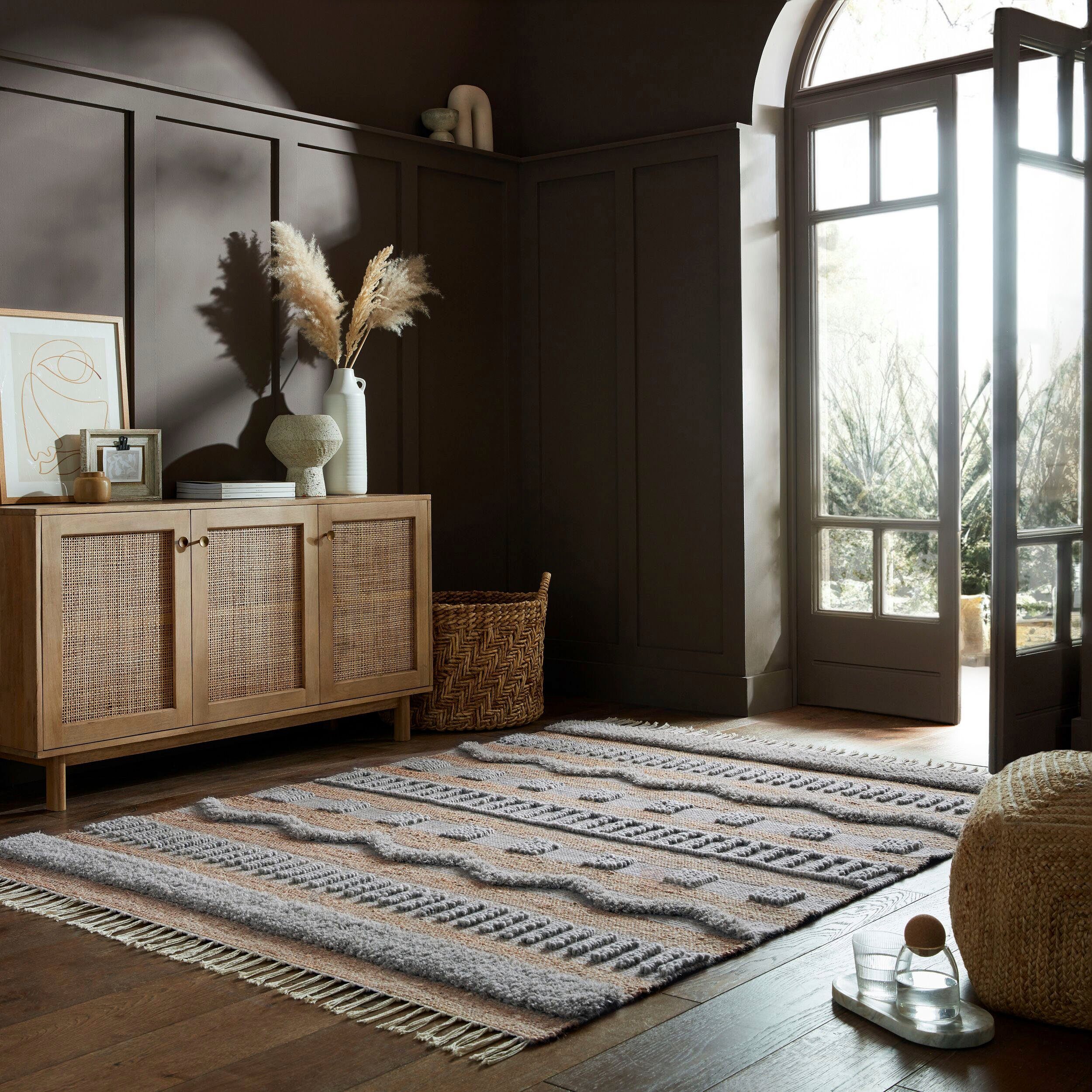 Teppich Medina, FLAIR RUGS, rechteckig, Höhe: 12 mm, Boho-Look, aus Naturfasern wie Wolle & Jute natur-grau