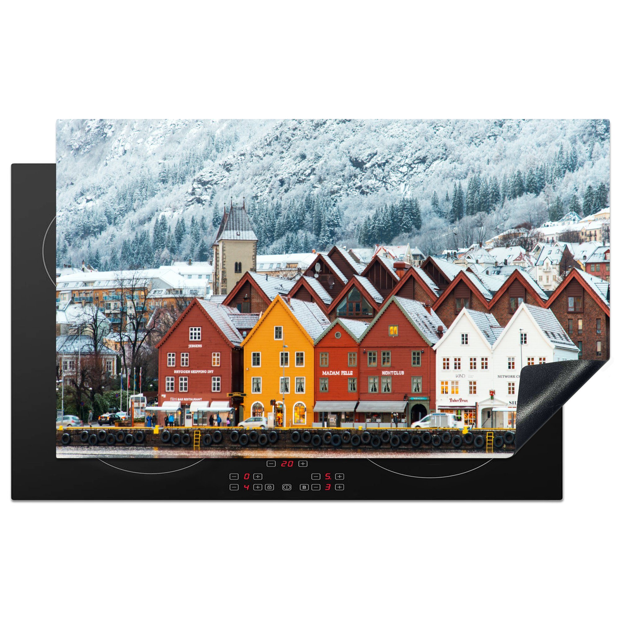 MuchoWow Herdblende-/Abdeckplatte Das berühmte Dorf Bryggen in Norwegen, Vinyl, (1 tlg), 83x51 cm, Ceranfeldabdeckung, Arbeitsplatte für küche | Herdabdeckplatten