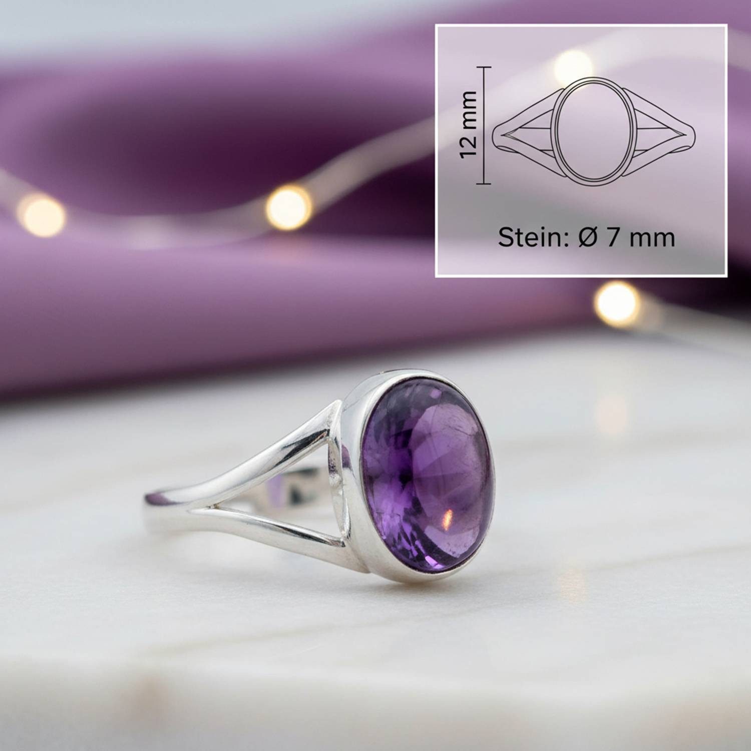 mantraroma Silberring HARDIN aus 925 Silber mit Amethyst (Ring mit Schmuckbeutel), Damenring aus 925er Silber