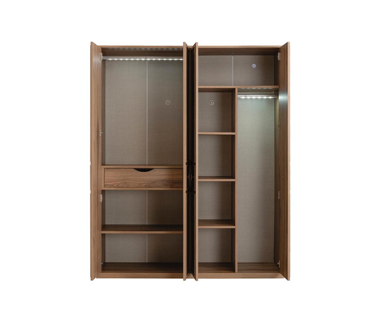 Möbel-Zeit Kleiderschrank TRIO 4-türig – in Holz-Optik – 2x LED-Kleiderstangen – Hazeran-Design