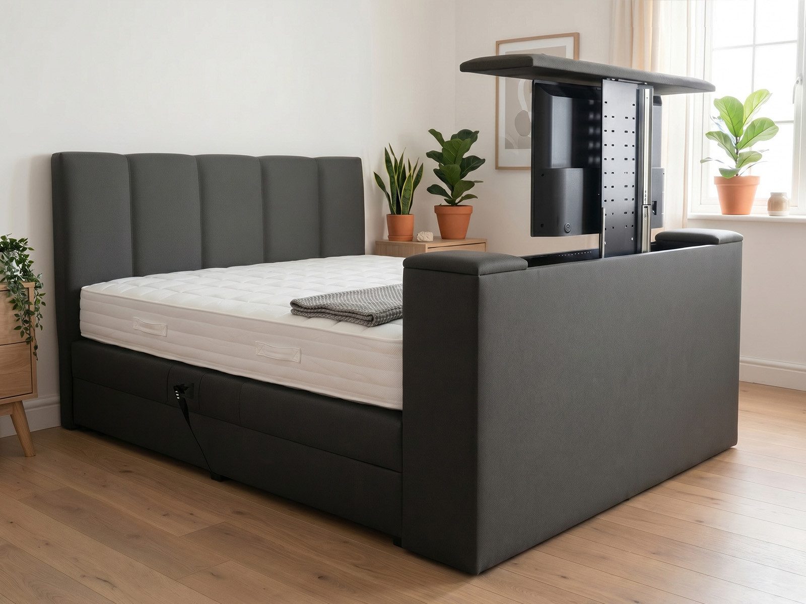 PAARA Boxspringbett Chicago elektrisch verstellbar mit Motor + TV Lift, mit einzigartigem Belüftungssystem