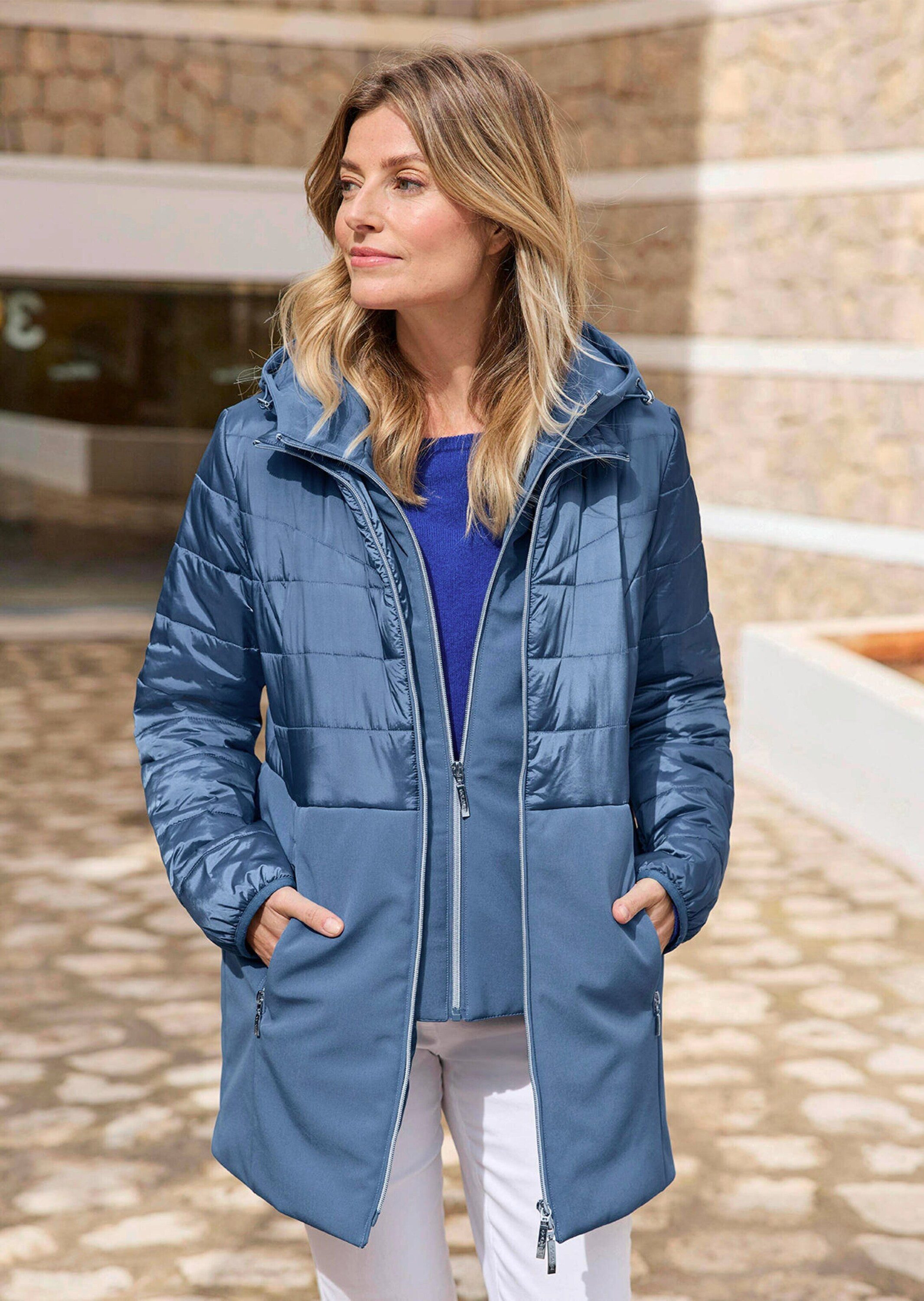 GOLDNER Kurzmantel Kurzgröße: Wintermantel mit Softshell-Einsatz Kapuzenjacke mit 2-Wege-Reißverschluss, Taschen und Langarm