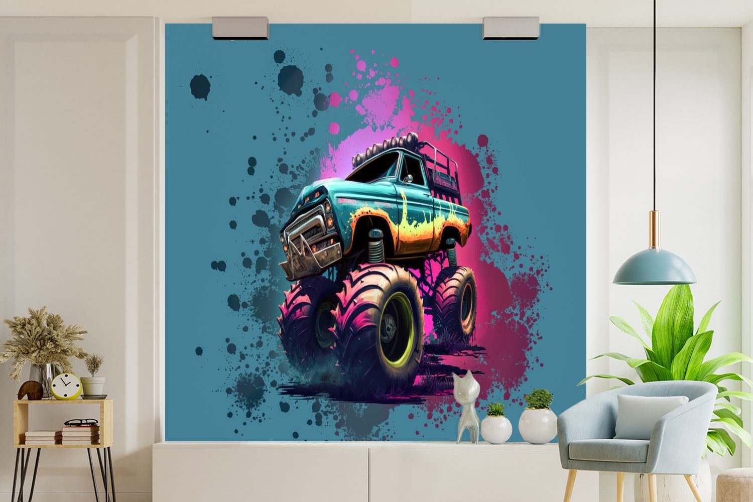 (4 - Monstertruck - Graffiti Wohnzimmer Matt, Rosa Fototapete MuchoWow Vliestapete für Farbe - Schlafzimmer Neon, Fototapete - bedruckt, Küche, St),