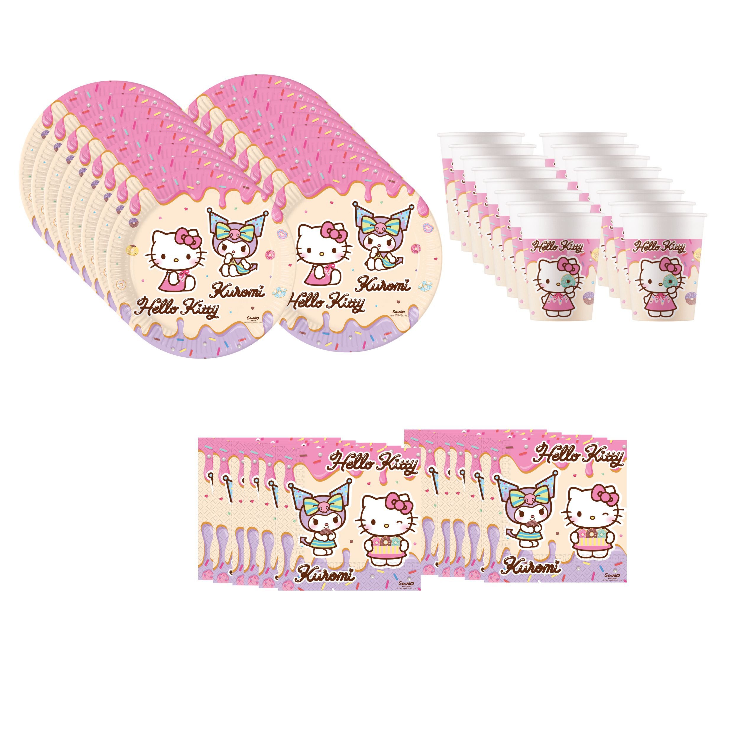 Procos Einweggeschirr-Set Hello Kitty Partygeschirr Set 52-tlg Kindergeburtstag Teller Becher, 16 Personen