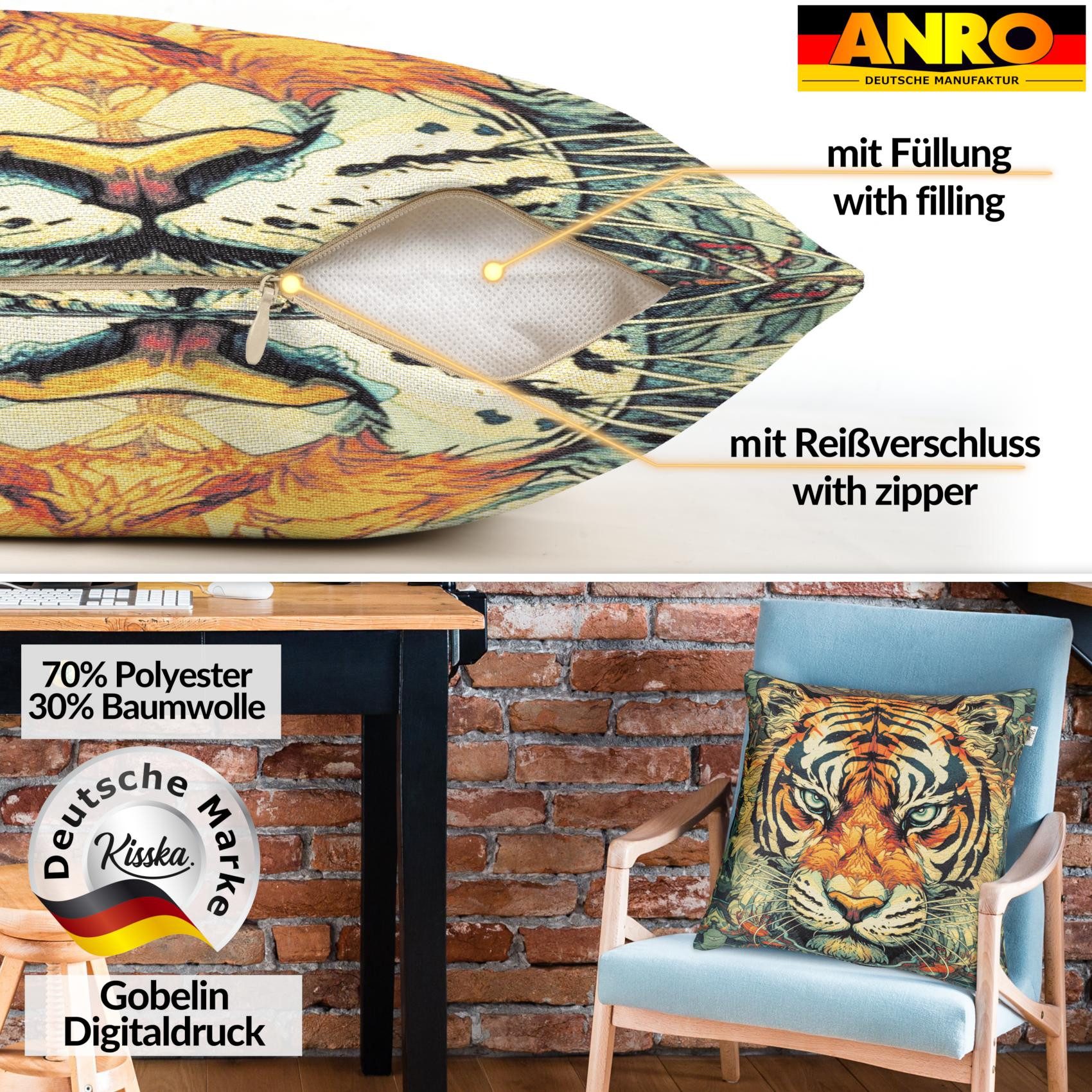 Kisska Dekokissen Kissenhülle mit oder ohne Füllung Designer Kissenbezug Zierkissen, Kissenhülle in 40x40cm Tiger mit Füllung aus Gobelin PopArt