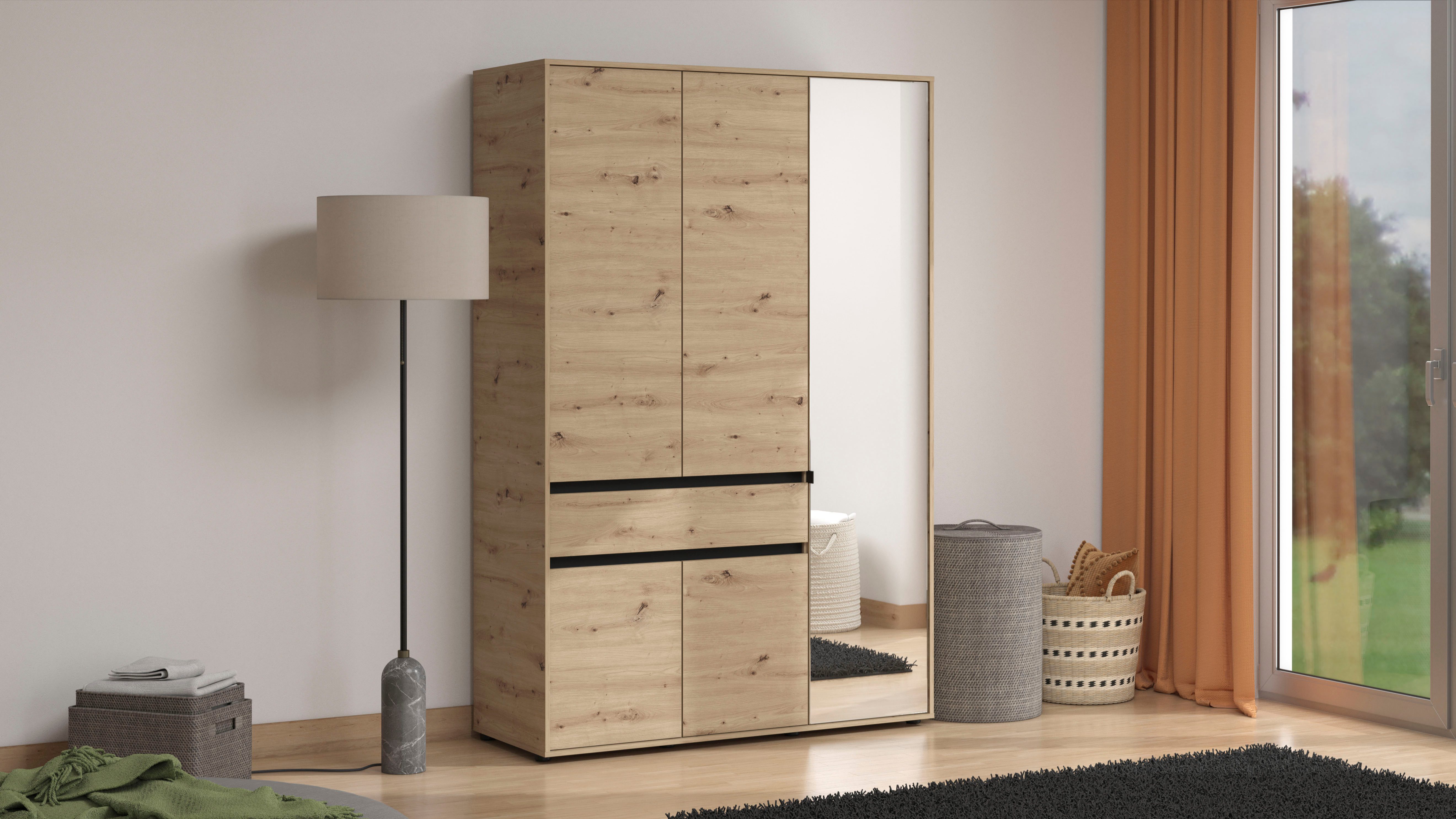 Home affaire Kleiderschrank Corbett, grifflose Optik, FSC-zertifziert, Made in Europe (138 oder 182,5cm breit, 211cm hoch und 54,5cm tief) mit Spiegel, 1 Schublade und Innenausstattung