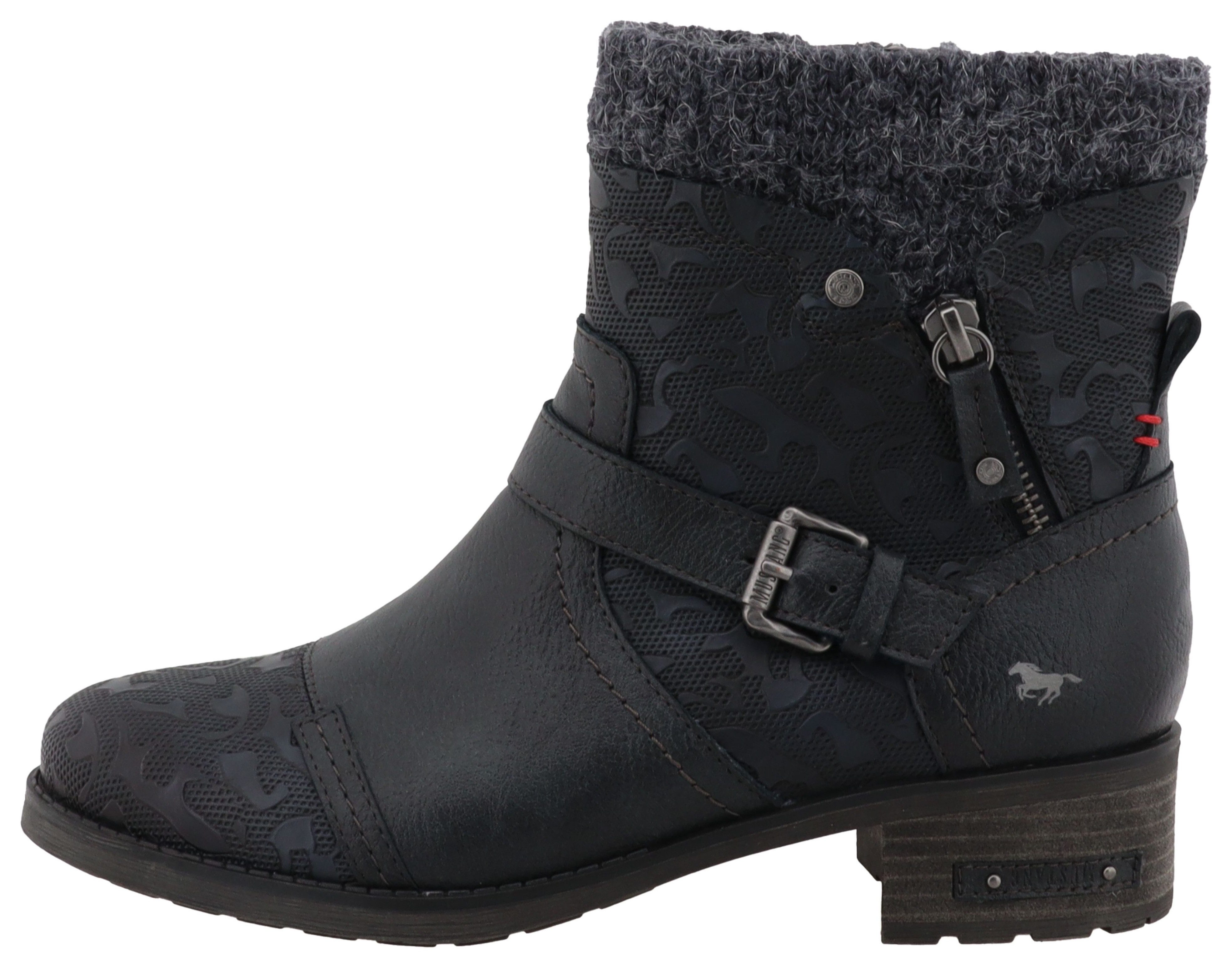 Mustang Shoes Fabienne Winterstiefelette Biker Boots mit Blockabsatz und Zierriemchen