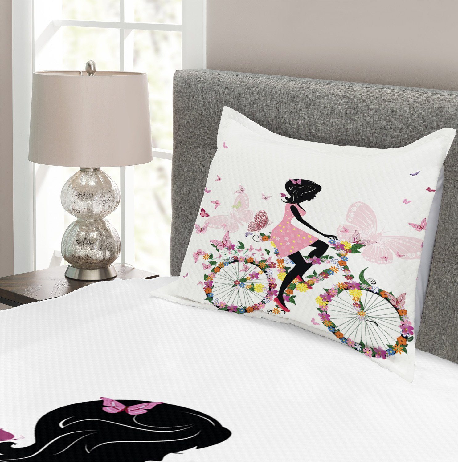 Schmetterlinge Blumen Fahrrad Mädchen Kissenbezügen Waschbar, Abakuhaus, Tagesdecke Set mit