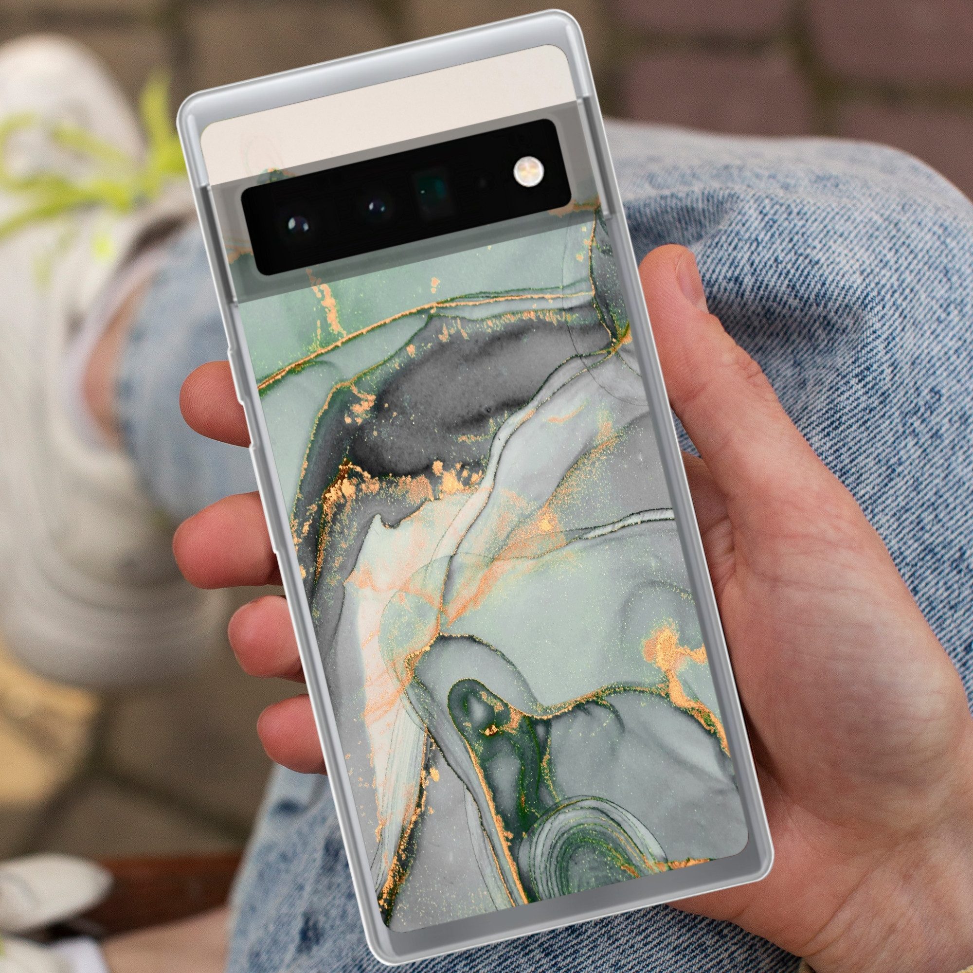 MuchoWow Handyhülle für Google Pixel 6 Pro Gold - Marmor - Grün - Luxus - Glitzer - Marmor, Handy Case, Silikon, Bumper Case Dünn